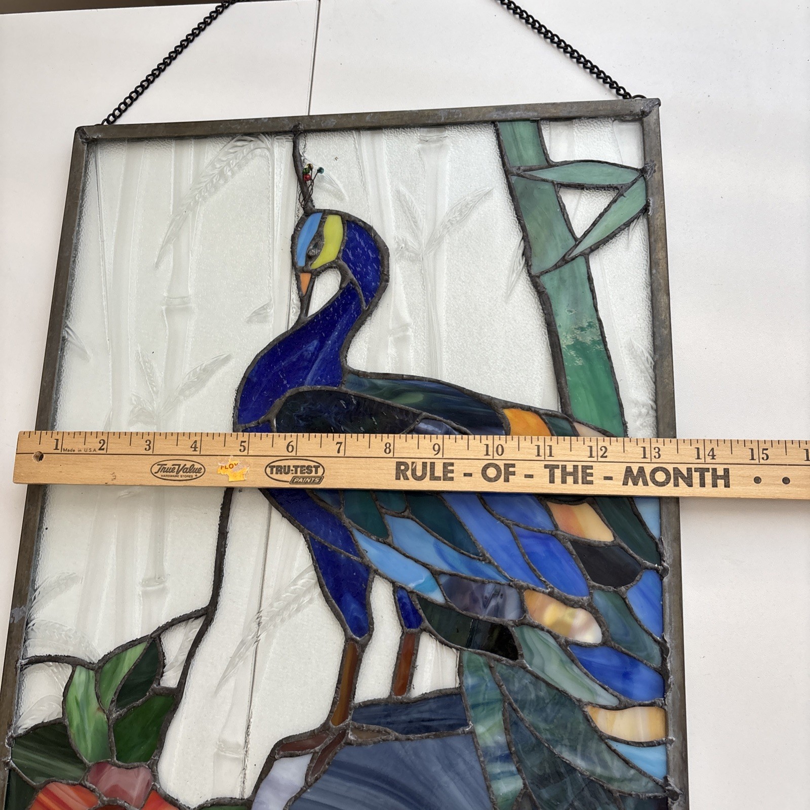 21″ x 13.5″ stained glass peacock flower bamboo window panel glass panel Framed