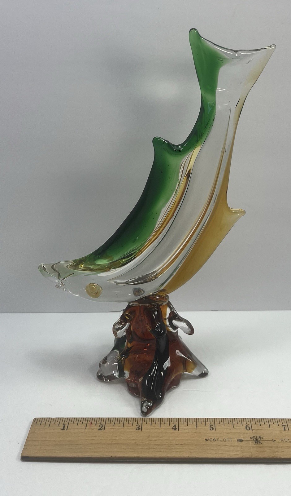 Beautiful Decorative Glass Fish 10.5 In. Tall Green Yellow Brown Murano-like
