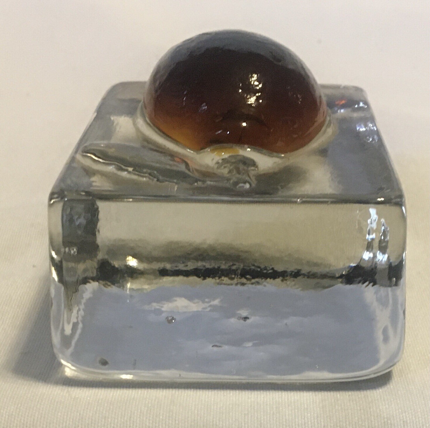 VTG Clear W/Amber Flower In Relief Glass Paperweight – 3.25” X 2.25” X 2” Thick
