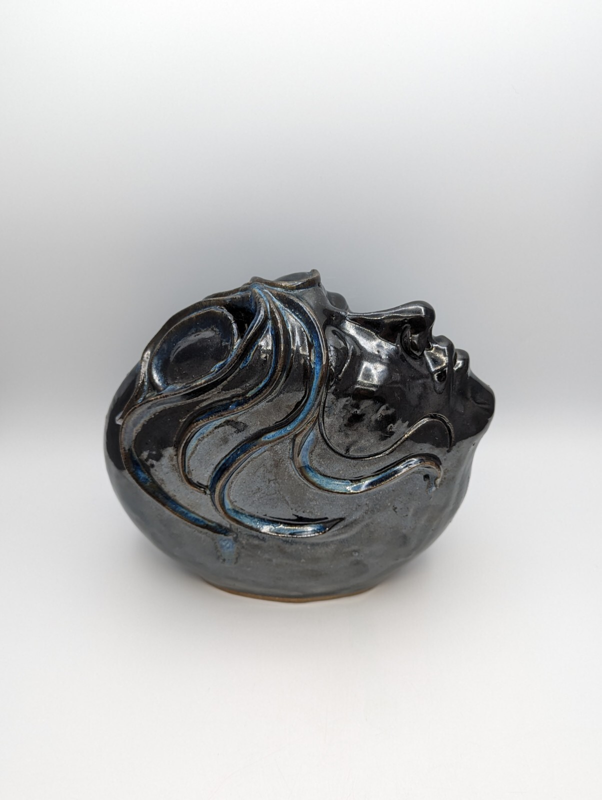 James Jim Loso Female Face Pottery Vase Sculpture Black Blue Studio Art Signed