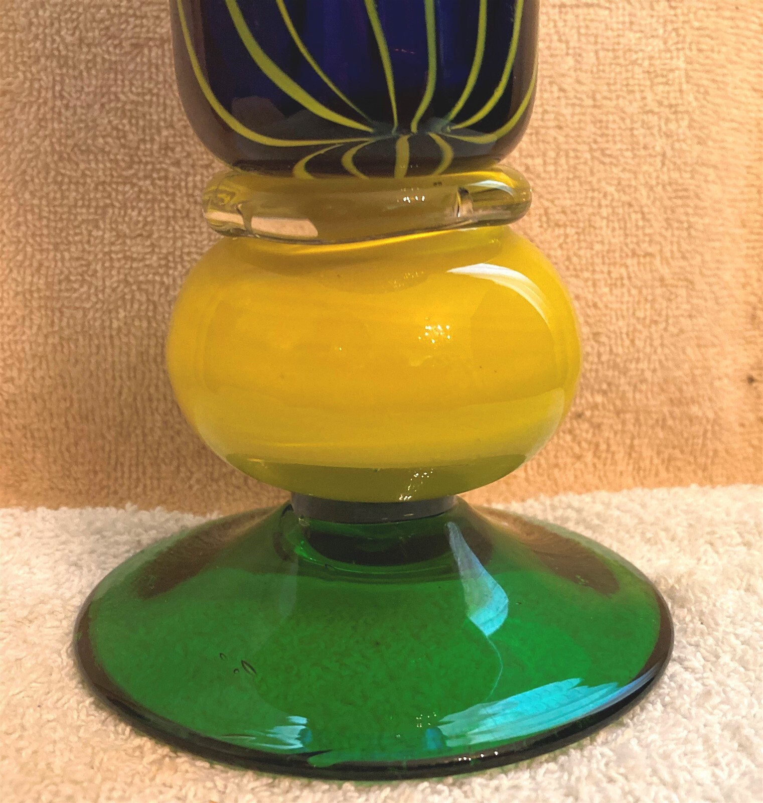 Vintage Cobalt Glass Yellow Striped Art Glass Trumpet Vase 11 3/4 Inch Tall