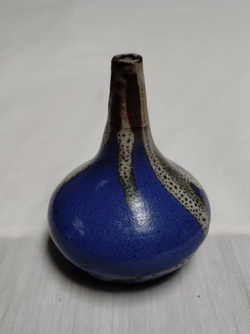 Beautiful Blue Glazed Dripped Stoneware Bottle Neck Vase Handmade Artist Stamped