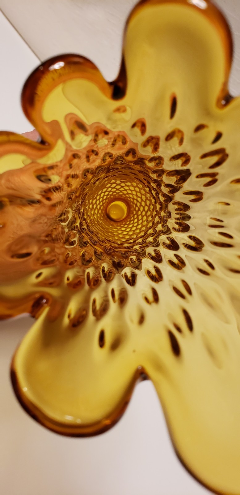 Hobnail Pattern Stretch Glass Vase. Amber Pedestal Bottom Glass Vase. 14″ High.