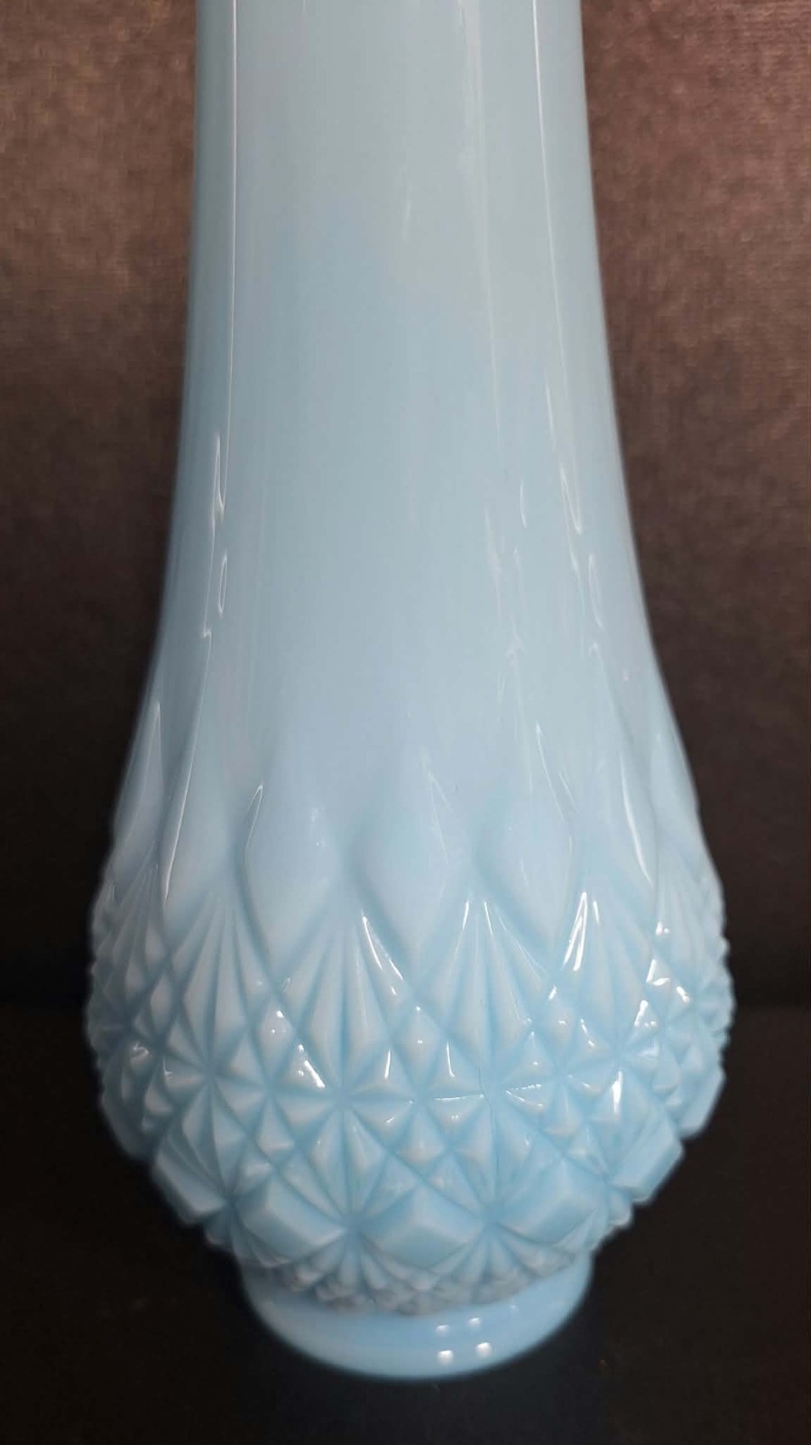 Fenton (Old Virginia Glass) Blue Milk Fine Cut & Block 12″ Swung Vase