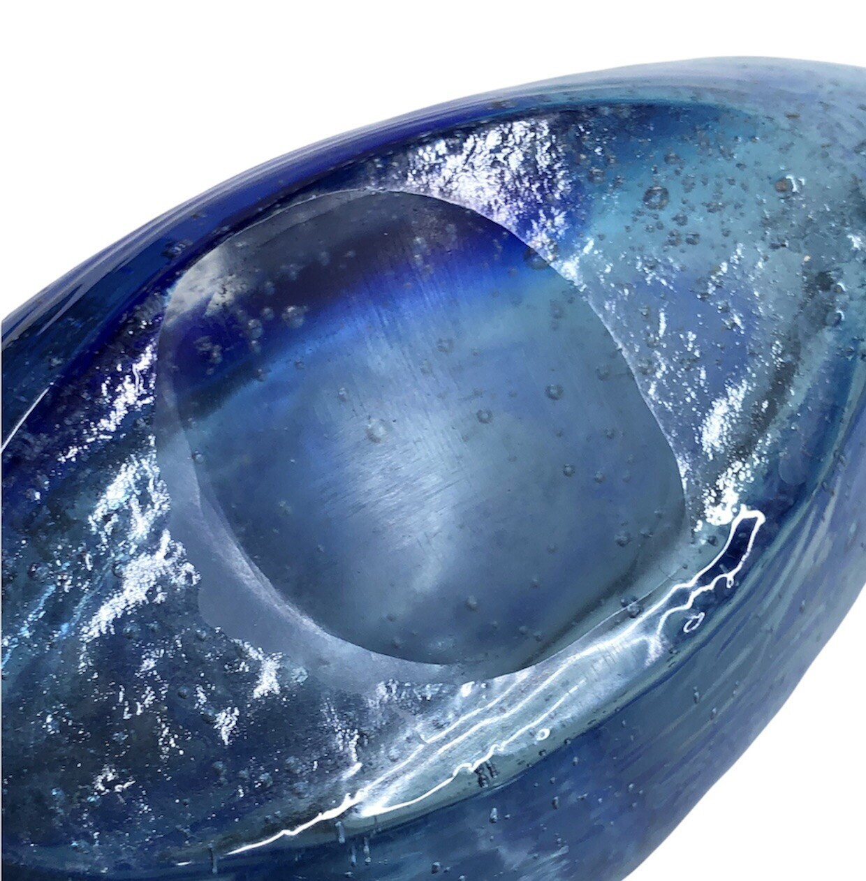 Cobalt Blue Swirl Art Glass Vase Hand Blown Center Opening 7” Wide x 5″ Tall