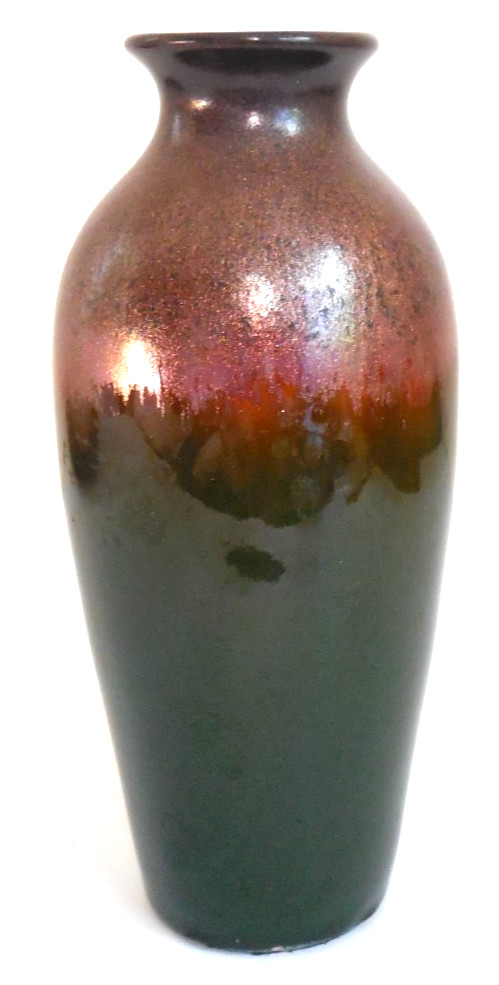 Craftsman Art Pottery 8″ Vase Green Brown Bronze Copper Heavy Drip Glaze