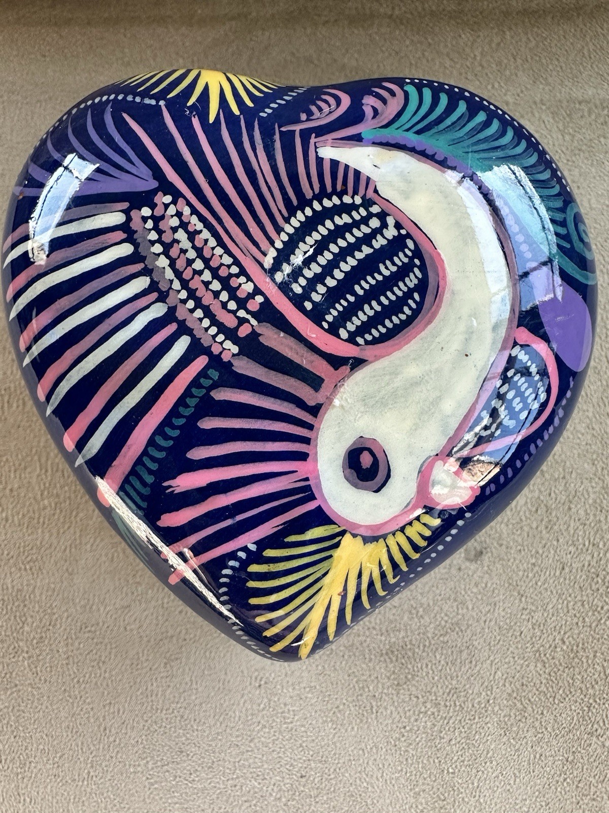 Hand Painted Ceramic Heart-Shaped Decorative Box with Bird and Floral Motif