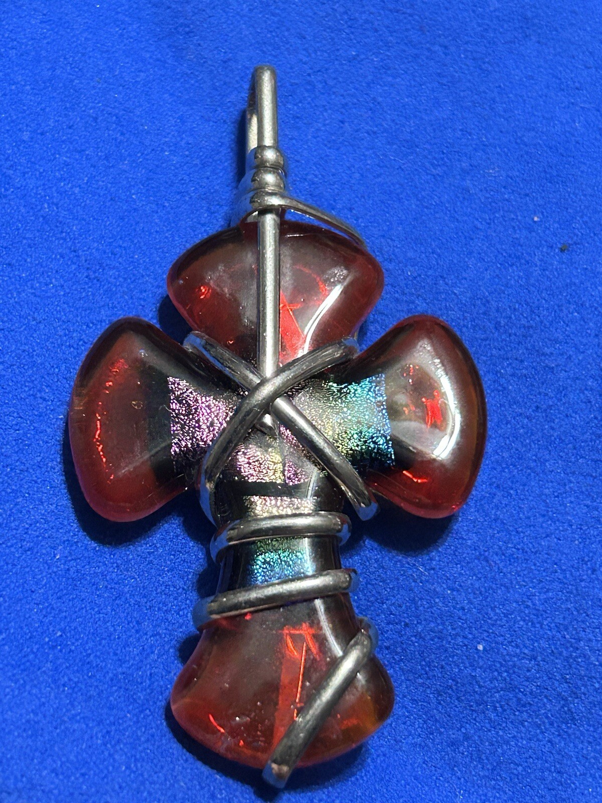 Gorgeous Hand Blown Dichroic Glass Cross Pendant Red Rainbow Wire Wrap Bail