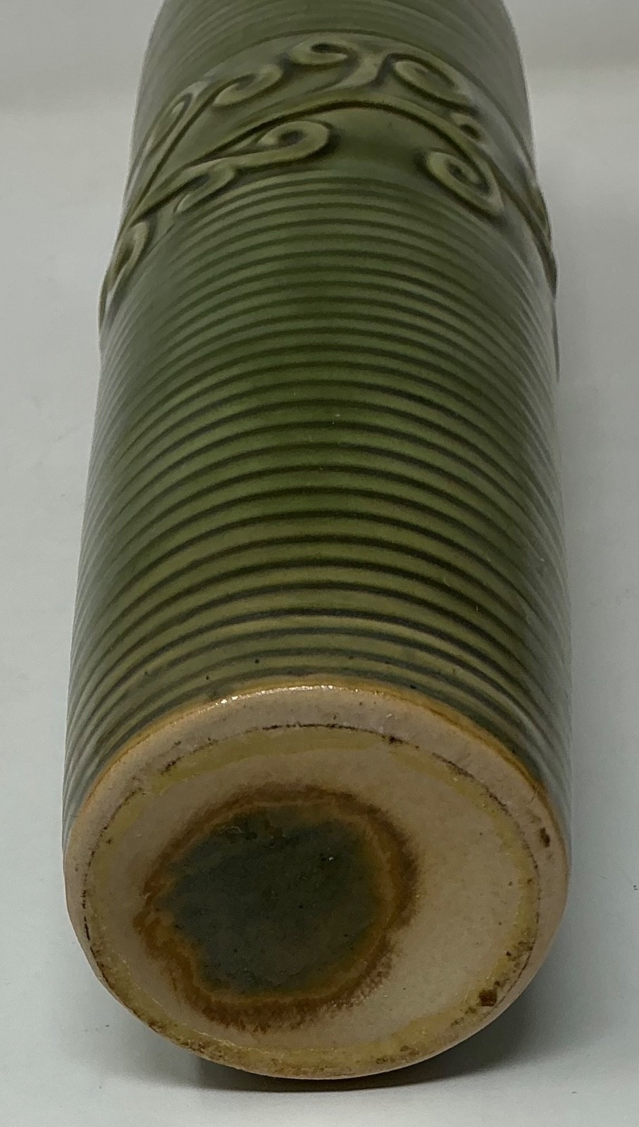 Vintage 1980’s Studio Art Pottery Vase Green Ribbed Tube w/ Scrolling 12” X 3 “