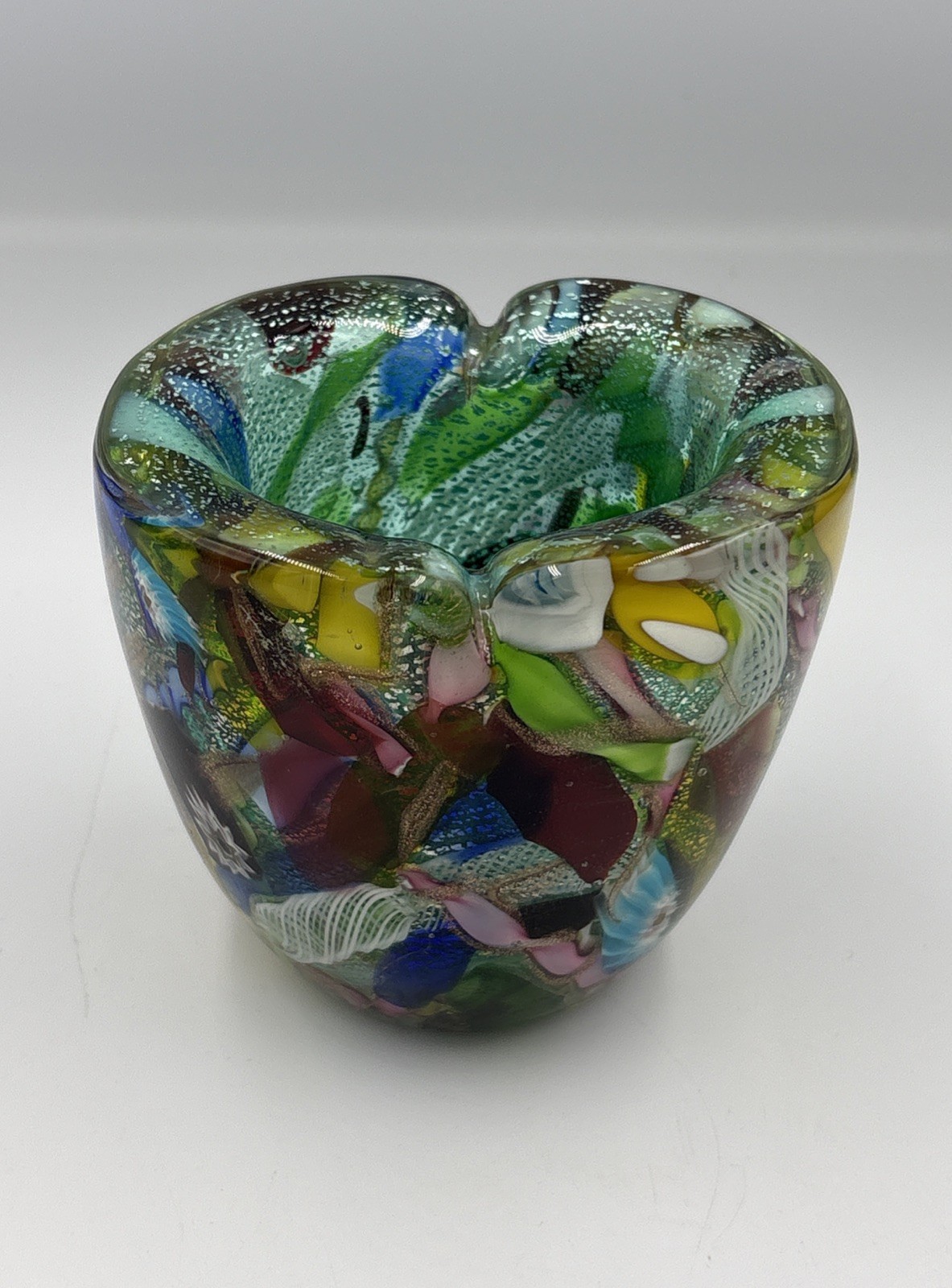 Murano Glass Small Vase “Tutti Frutti” Dino Martens 3-1/4” T. Triangular As Is