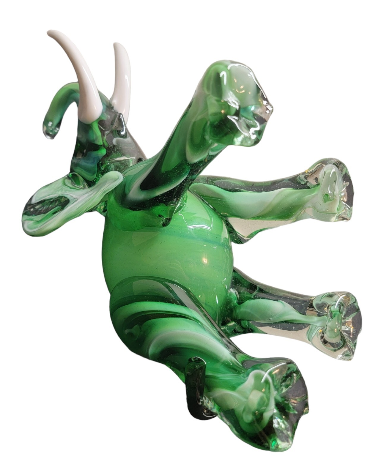 Vtg Hunter Green White Glass Elephant Trunk Up Tusk Figurine Murano Luck Fortune