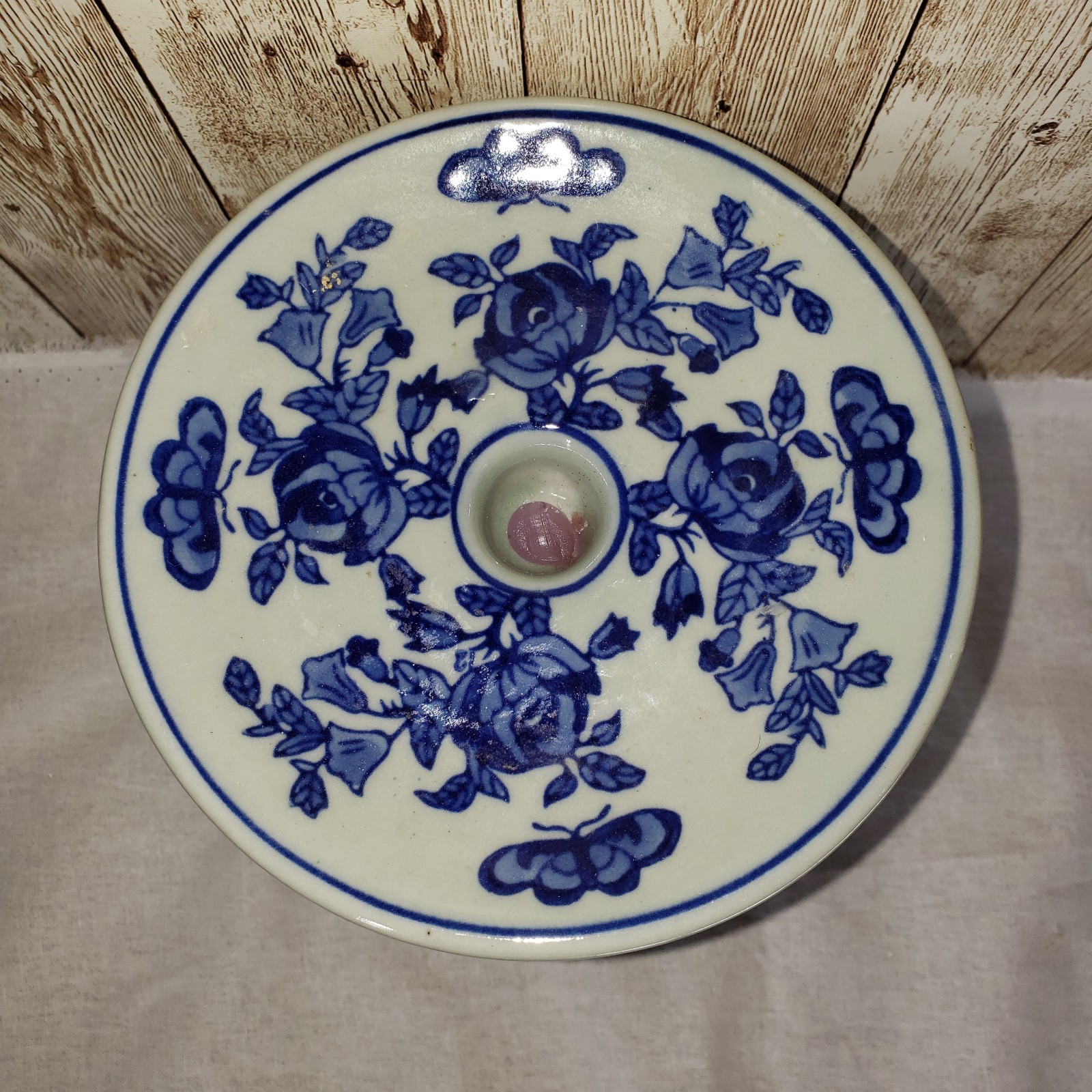 Ceramic candleholder floral, blue & “Light Mint” Chinoiserie style, Rare Color