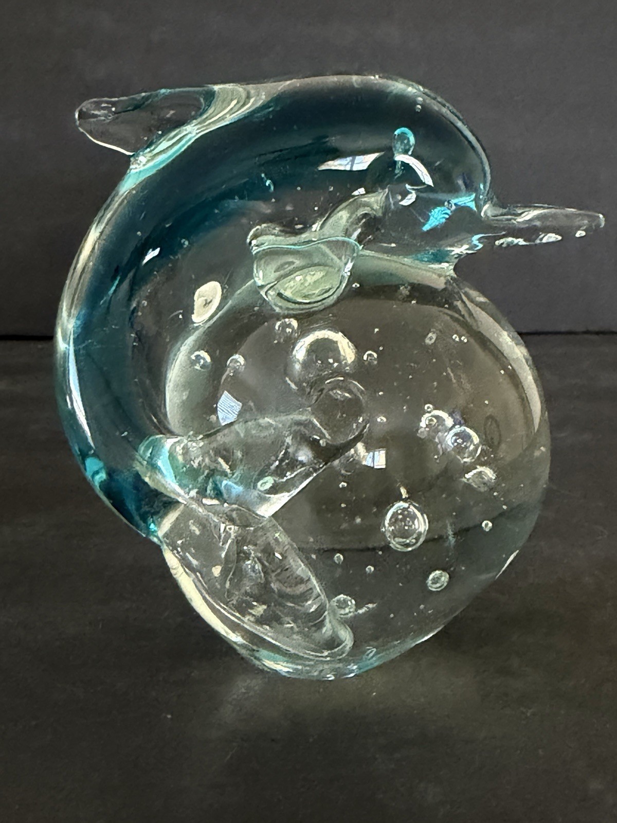 Blue Dolphin on Water Figurine Art Glass Paperweight Clear Bubbles Coastal 4”