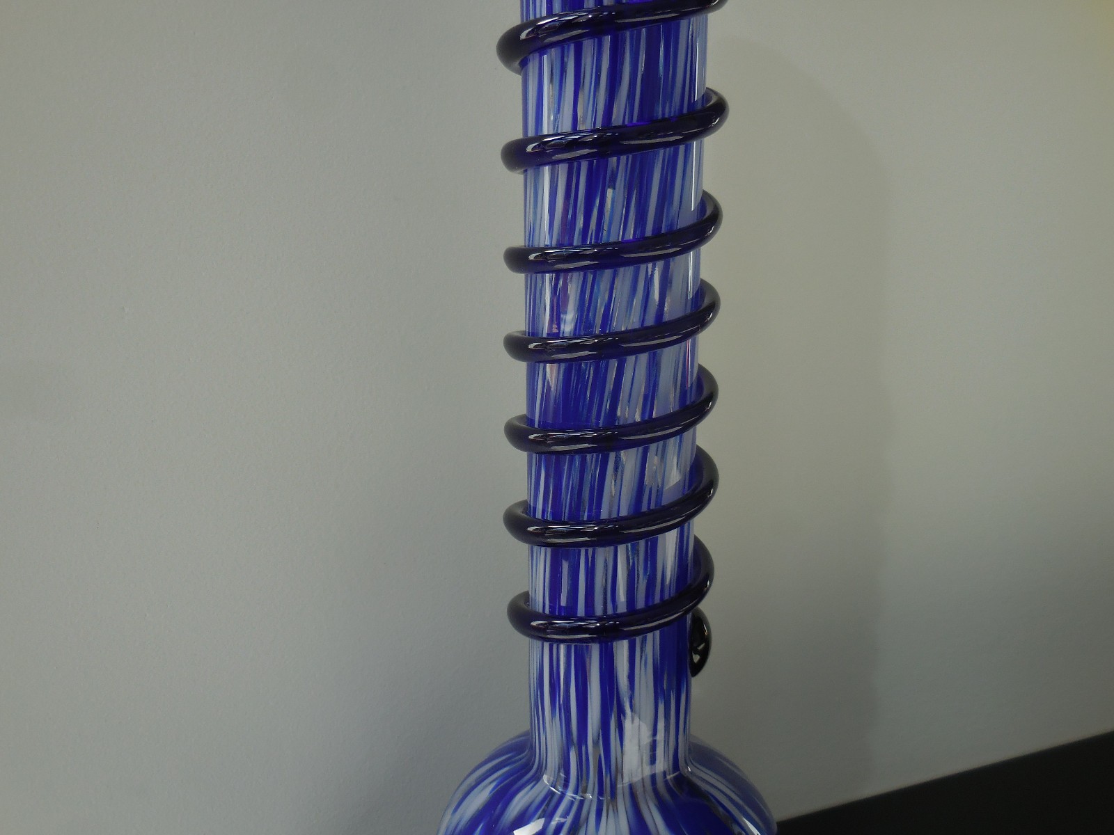 Large 18-1/4 in. Tall Cobalt Blue Glass Vase Hand Made Blown Glass Spiral Wrap
