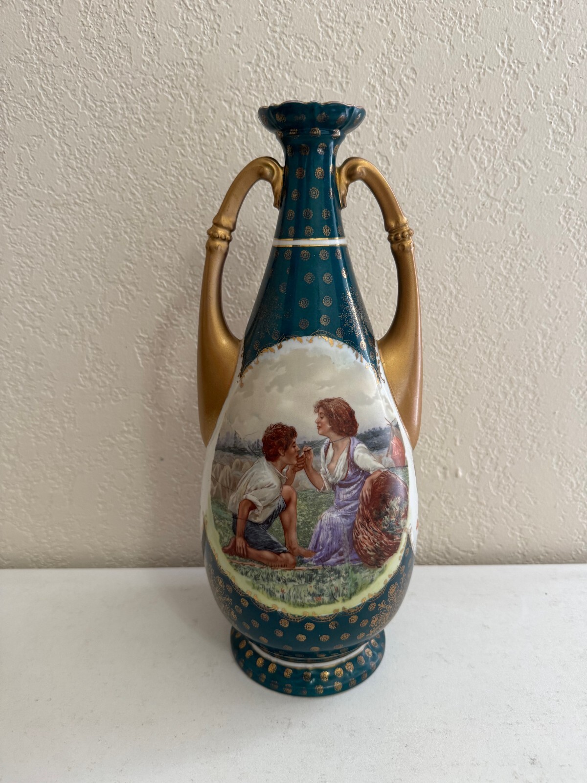 Antique Victoria Porcelain Schmidt & Co Austria Vase w/ Couple Decoration