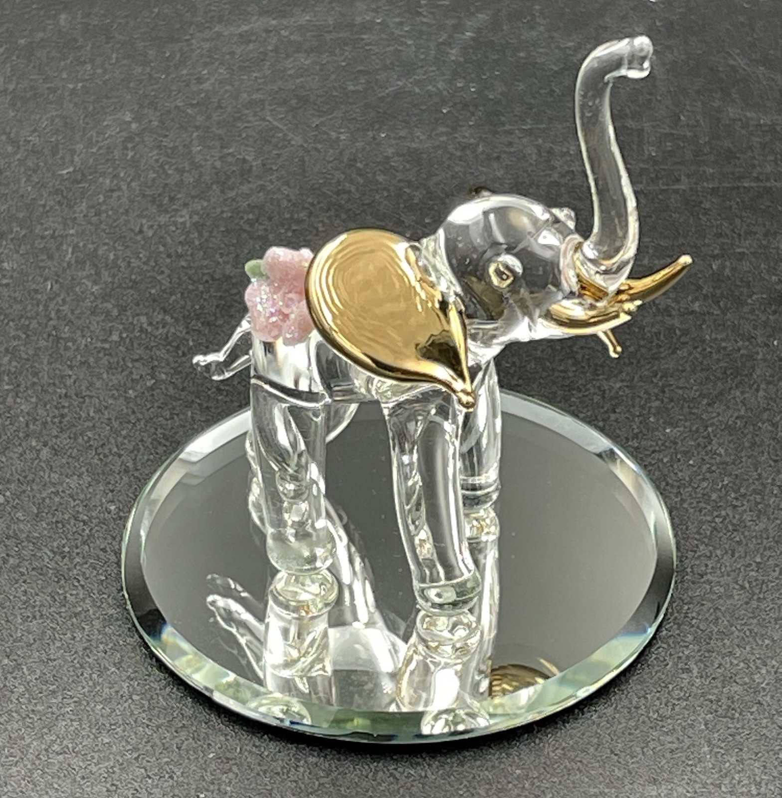 Glass Baron Elephant Trunk Up Pink Flower Miniature Figurine W/ Box