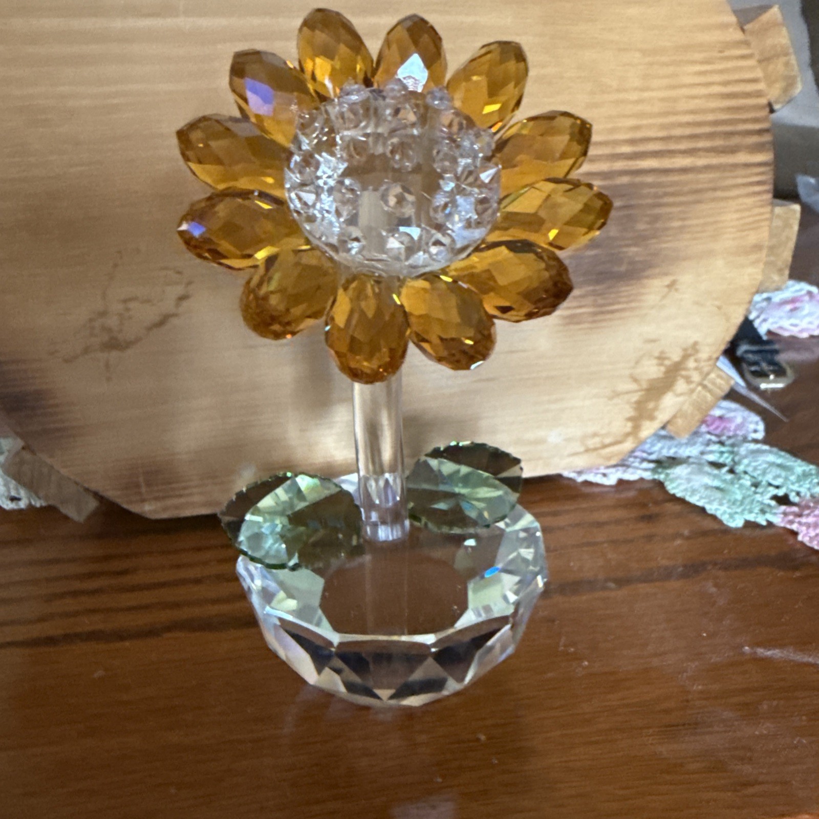 Vibrant Orange And Green Glass Crystal Sunflower Figurine With Clear Vase