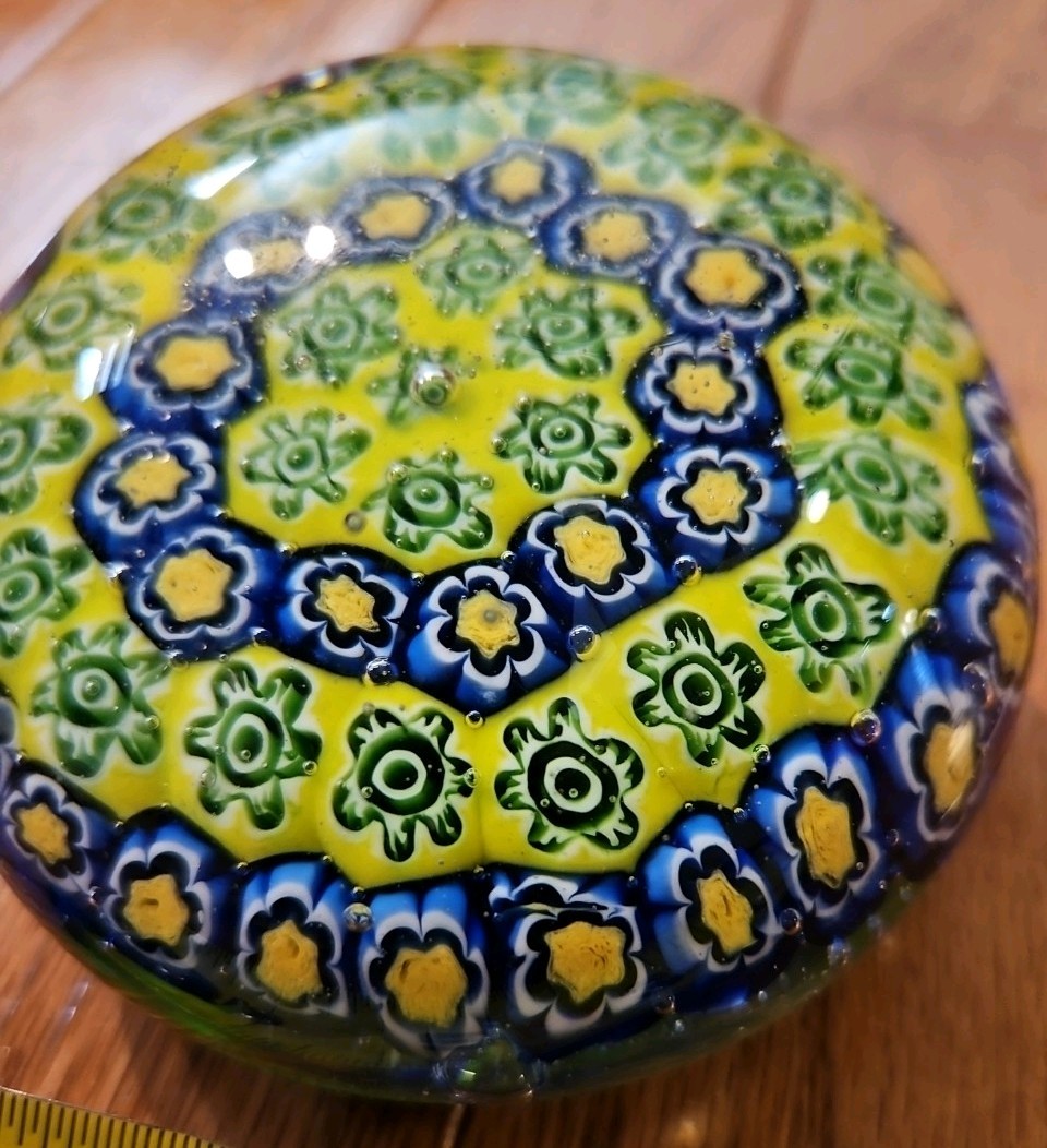 VTG Millefiori Art Glass Paperweight Floral Yellow And Blue, 3″, Unbranded.