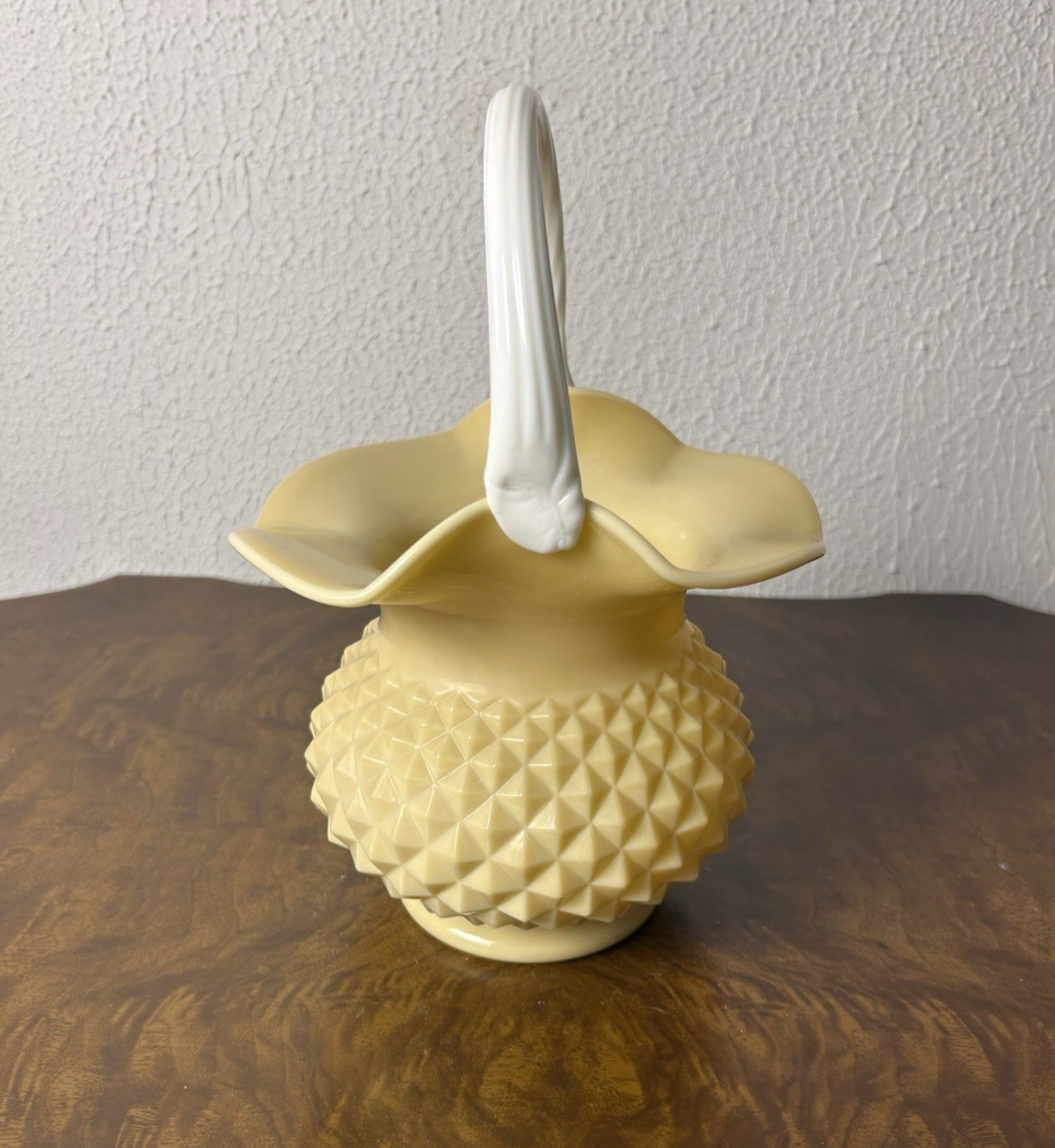 Yellow Diamond Point Milk Glass Basket w/Fluted Top & White Twisted Handle VTG