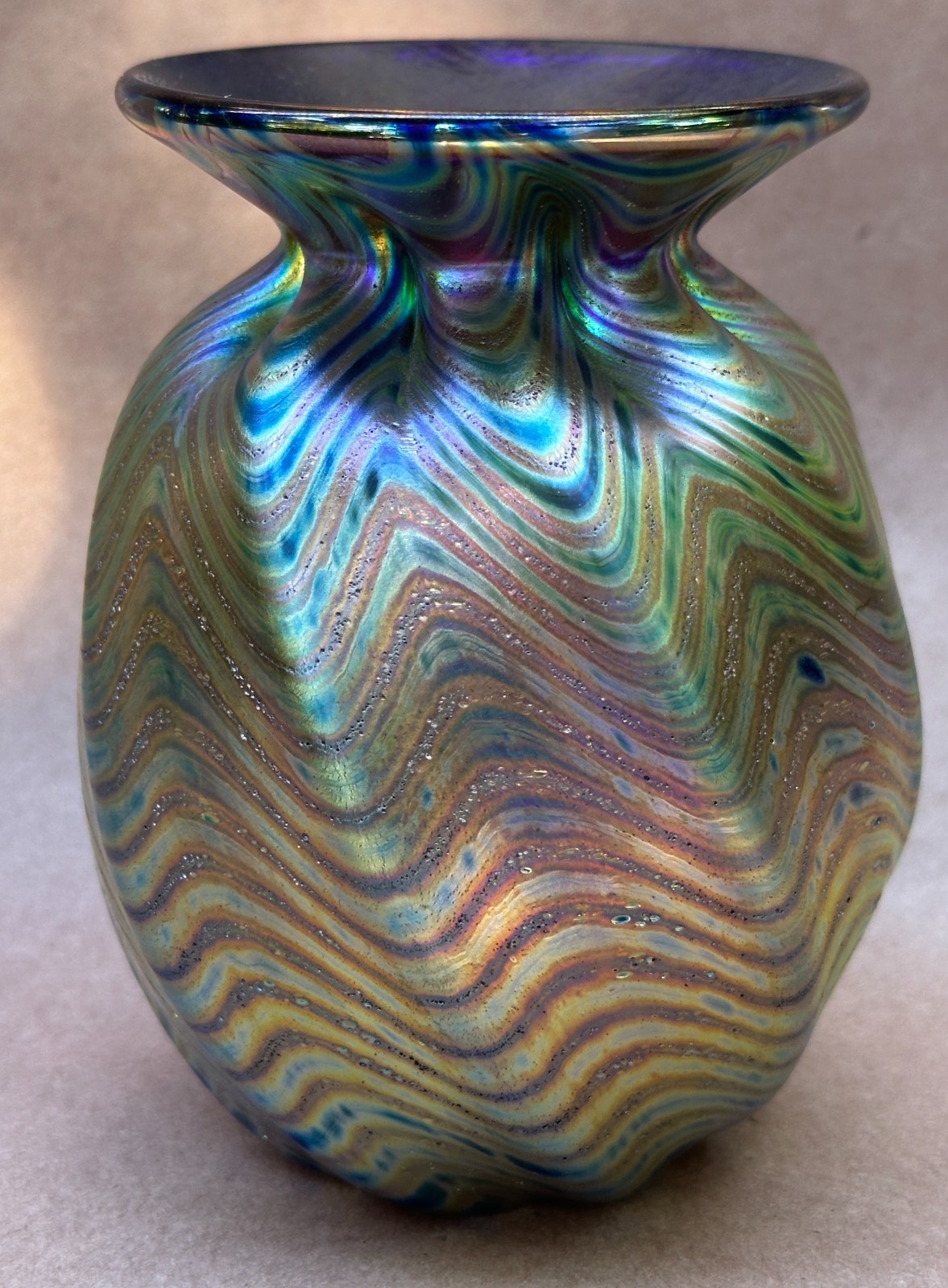 Hand-blown Iridescent Green Cobalt Art Glass Vase Artisan Signed 1990