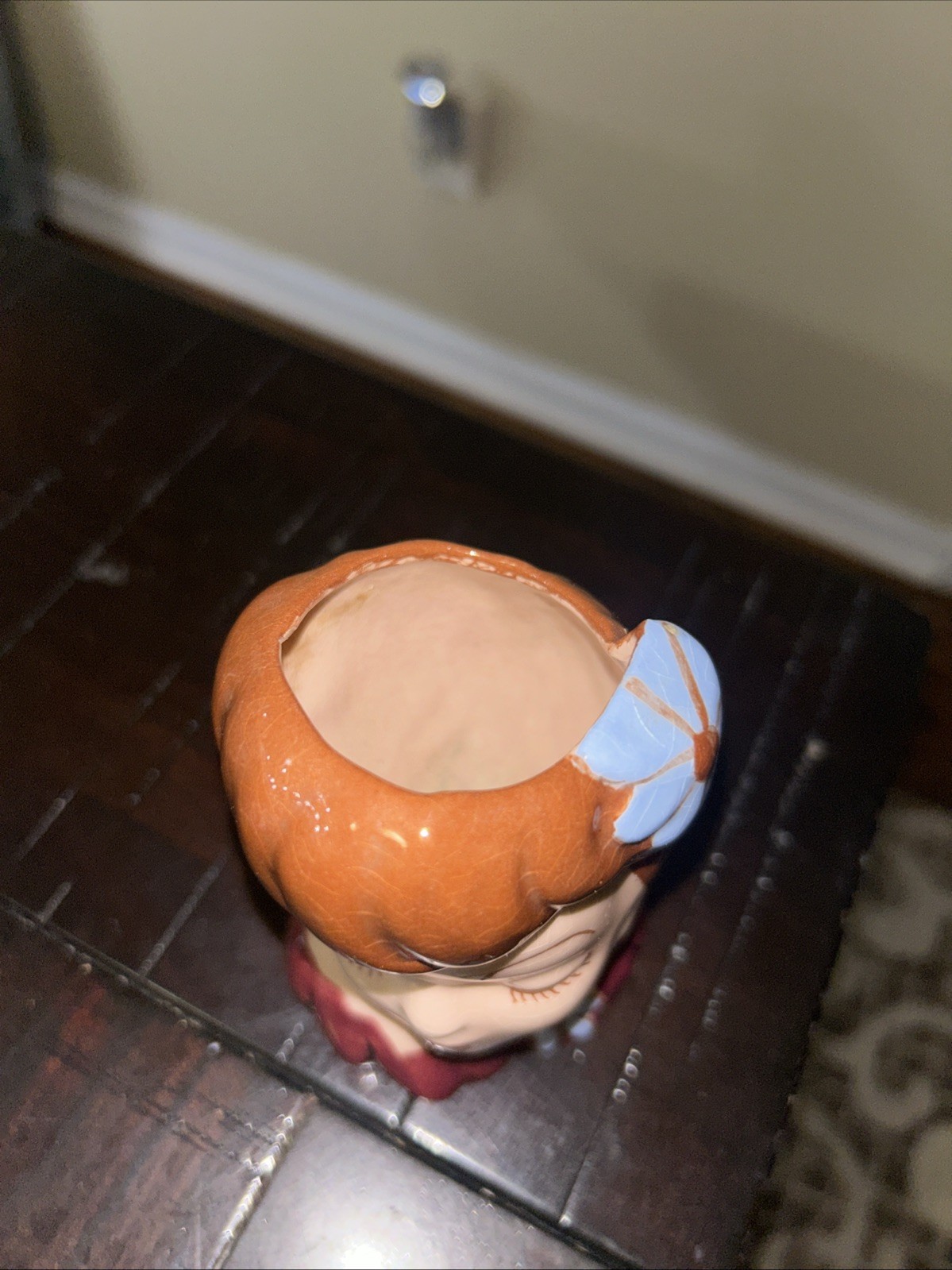 Vintage Ceramic Lady Head Vase 7” Brown Hair Brown Top Blue Flower