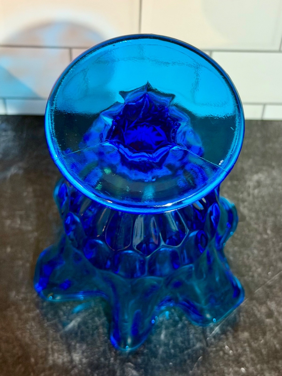 Vtg 8 1/2”H Fenton Swung Vase Colonial Blue Sapphire Hanker chief Thumbprint