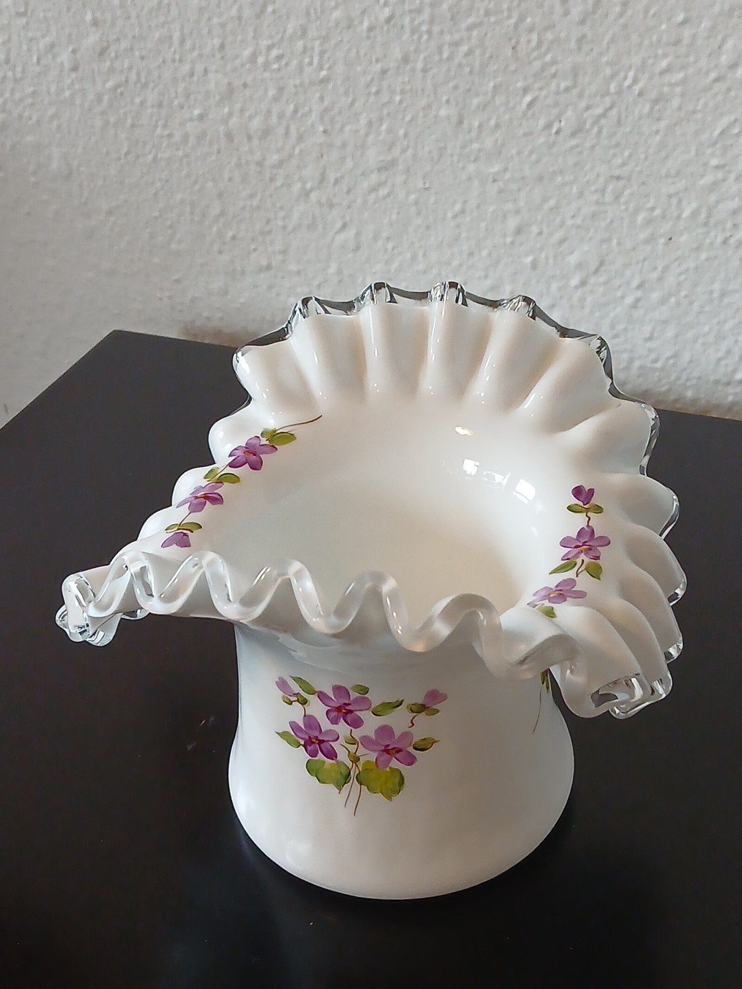 Fenton Glass Hand Painted Violets in the Snow Silvercrest Hat Vase