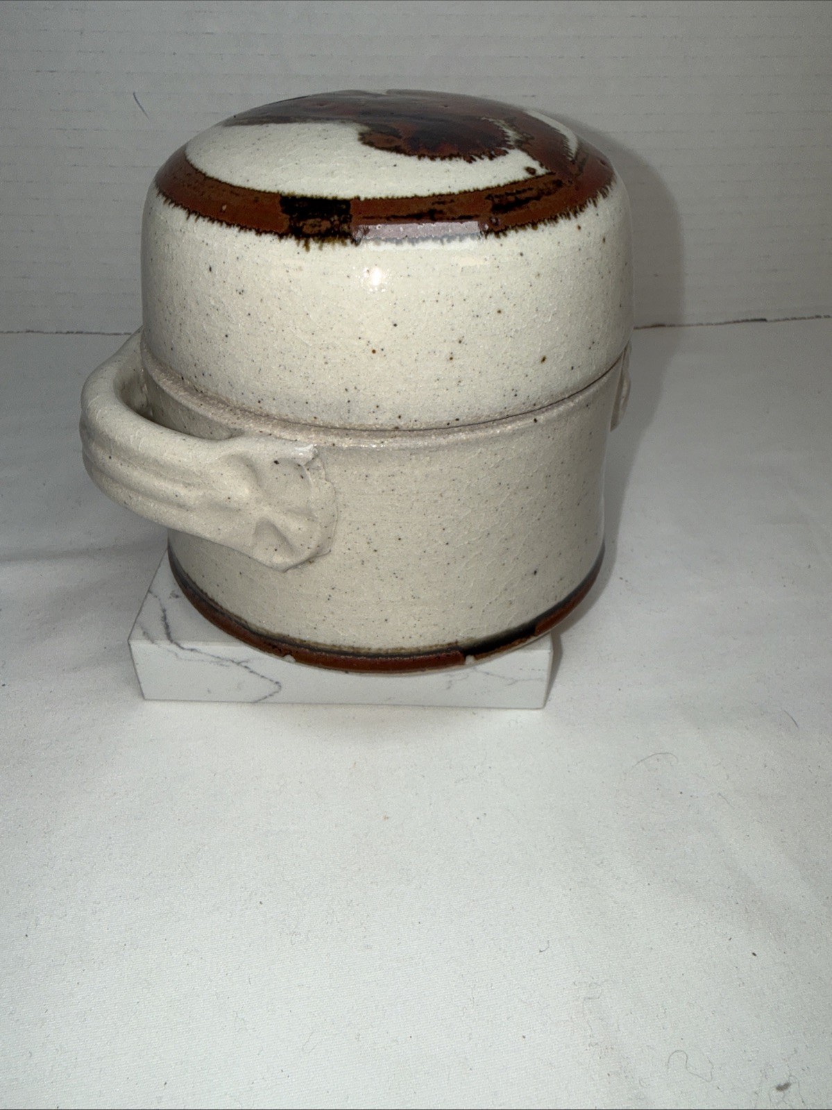 Studio Art Pottery Domed Jar Container with Handles &Lid 4.5” Artisan Signed Box