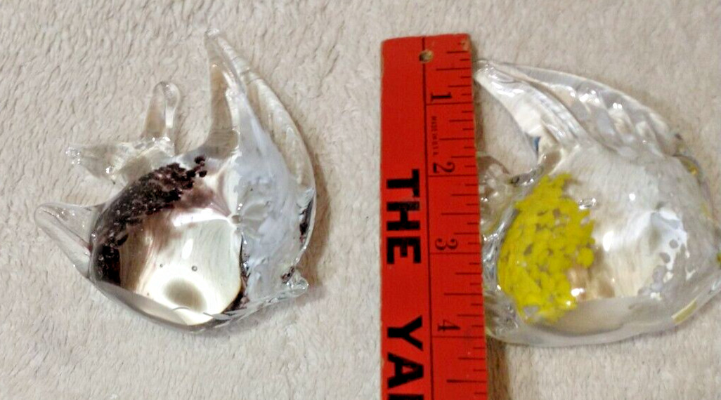2 Art Glass Angel Fish Statue Clear Yellow White-Clear Black White Paperweight