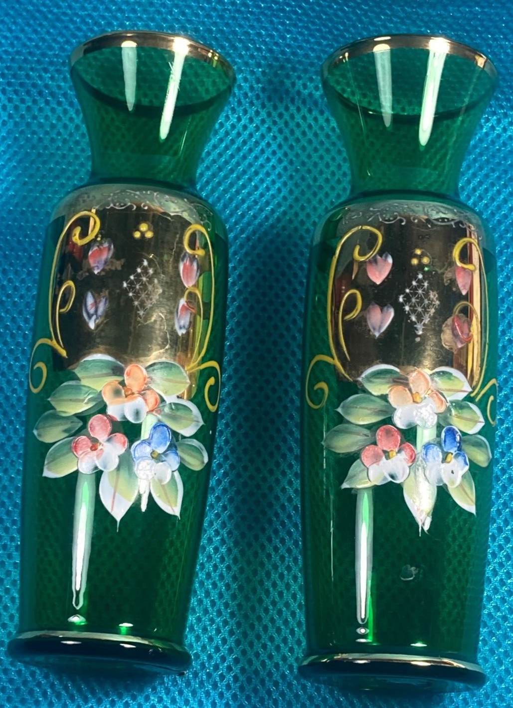 Pair Vintage Norleans Japan Hand Painted Floral & Gold Trim 8+” Vase Green Glass
