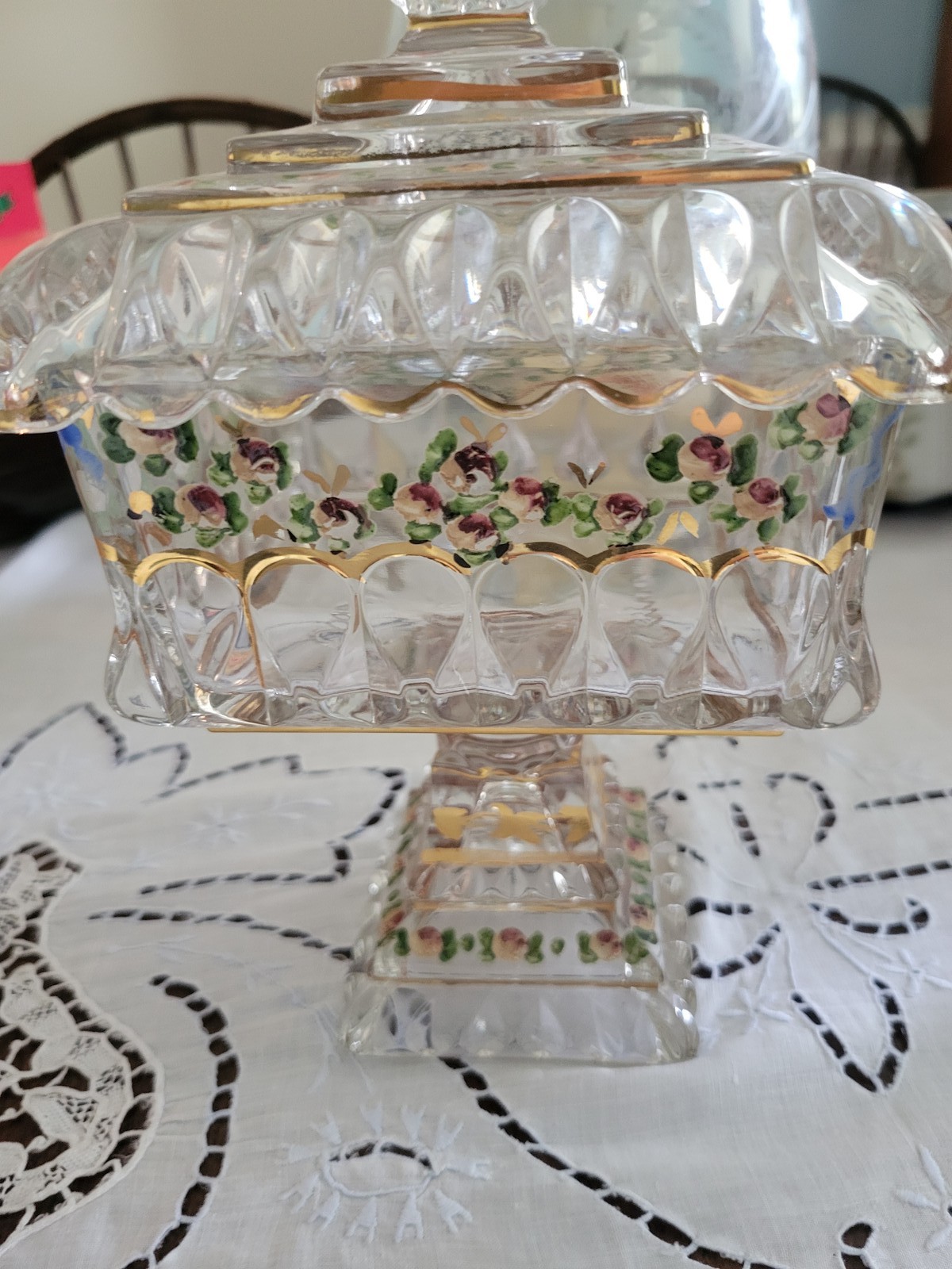 VTG Pair Jeanette Glass Pedestal Candy Dish Wedding Box Gold Trim Floral