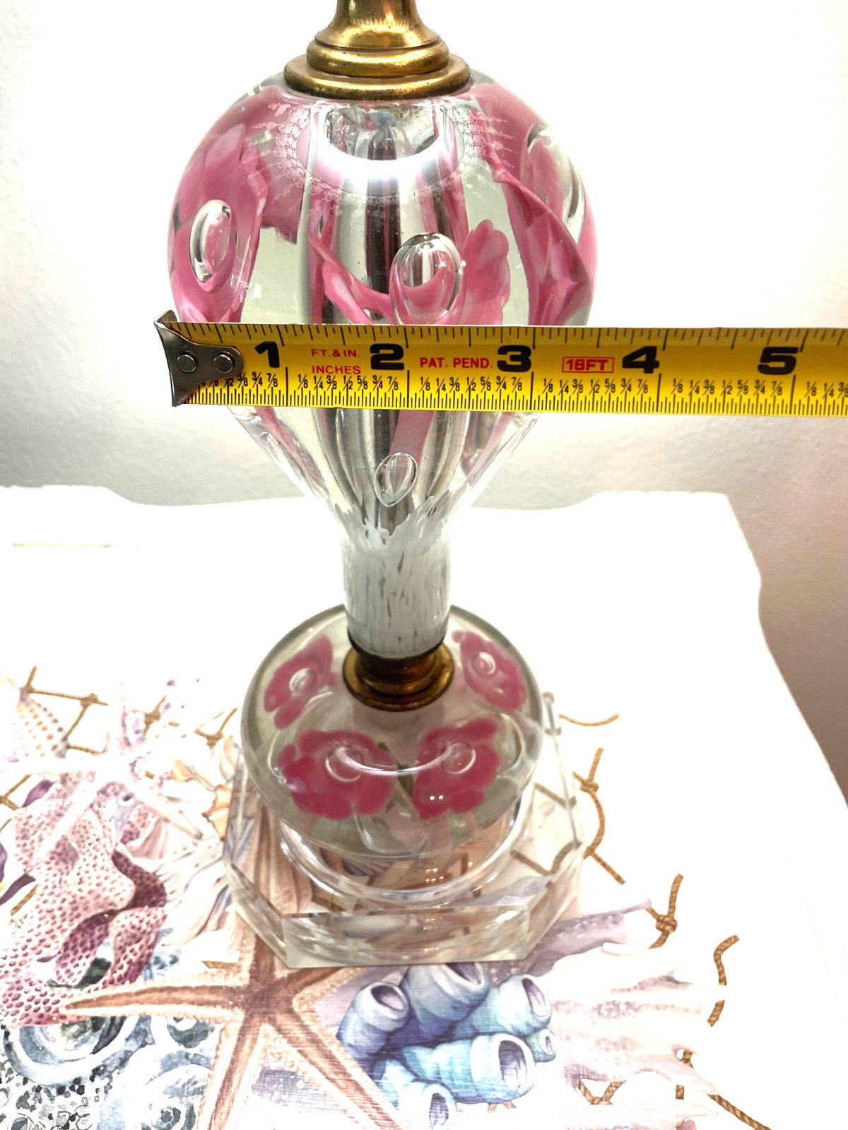 Vtg St. Clair Pink Art Glass Paperweight Lamp w/Shade, Finial EXCELLENT