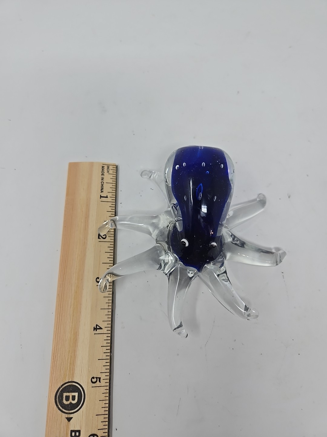 Hand Blown 8-Legged Blue Art Glass Octopus Sommerso Style With Bubbles 4″