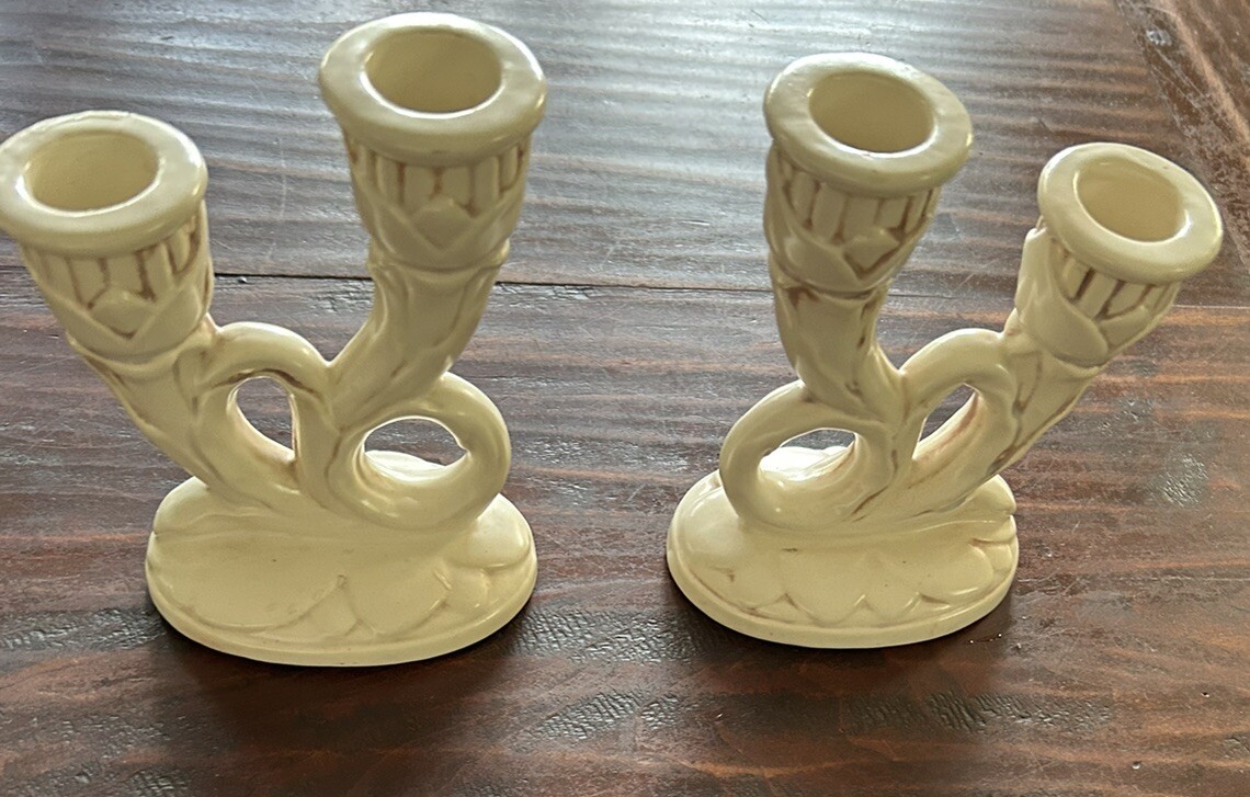 Vintage Pair Of Red Wing Pottery Double Candlestick Holders #397 USA 5 3/8x4x2”