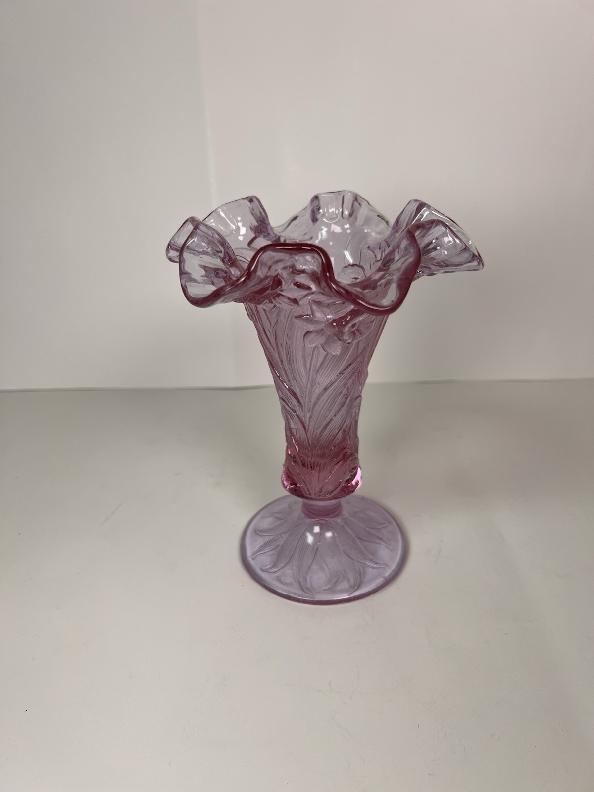 Fenton Daffodil Vase Cranberry Pink Footed Vase Embossed Floral Design ruffled