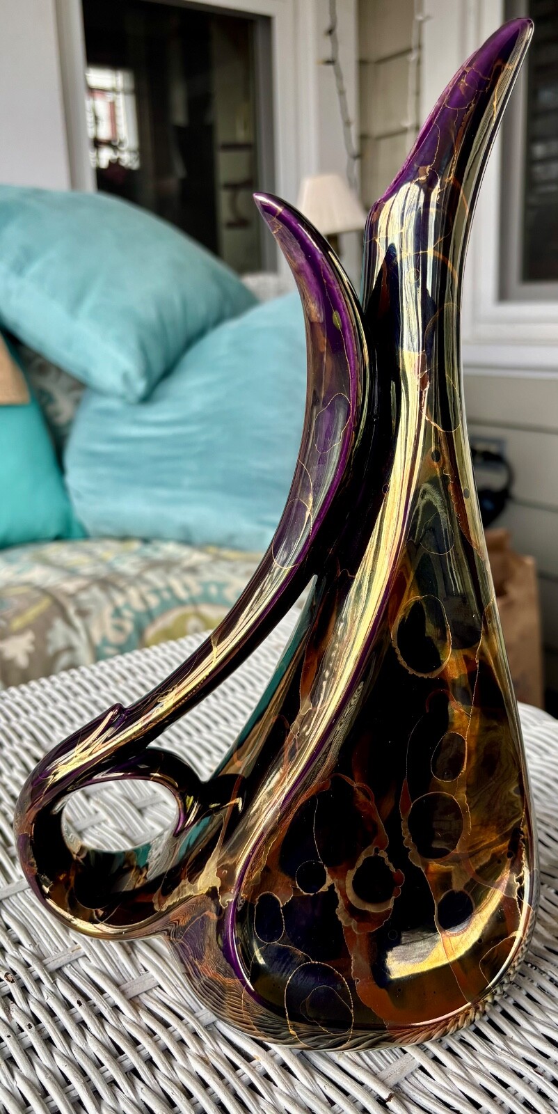 Vintage MCM Black and Gold Luster Vase Pitcher 12.5″ Unique Organic Art Nouveau