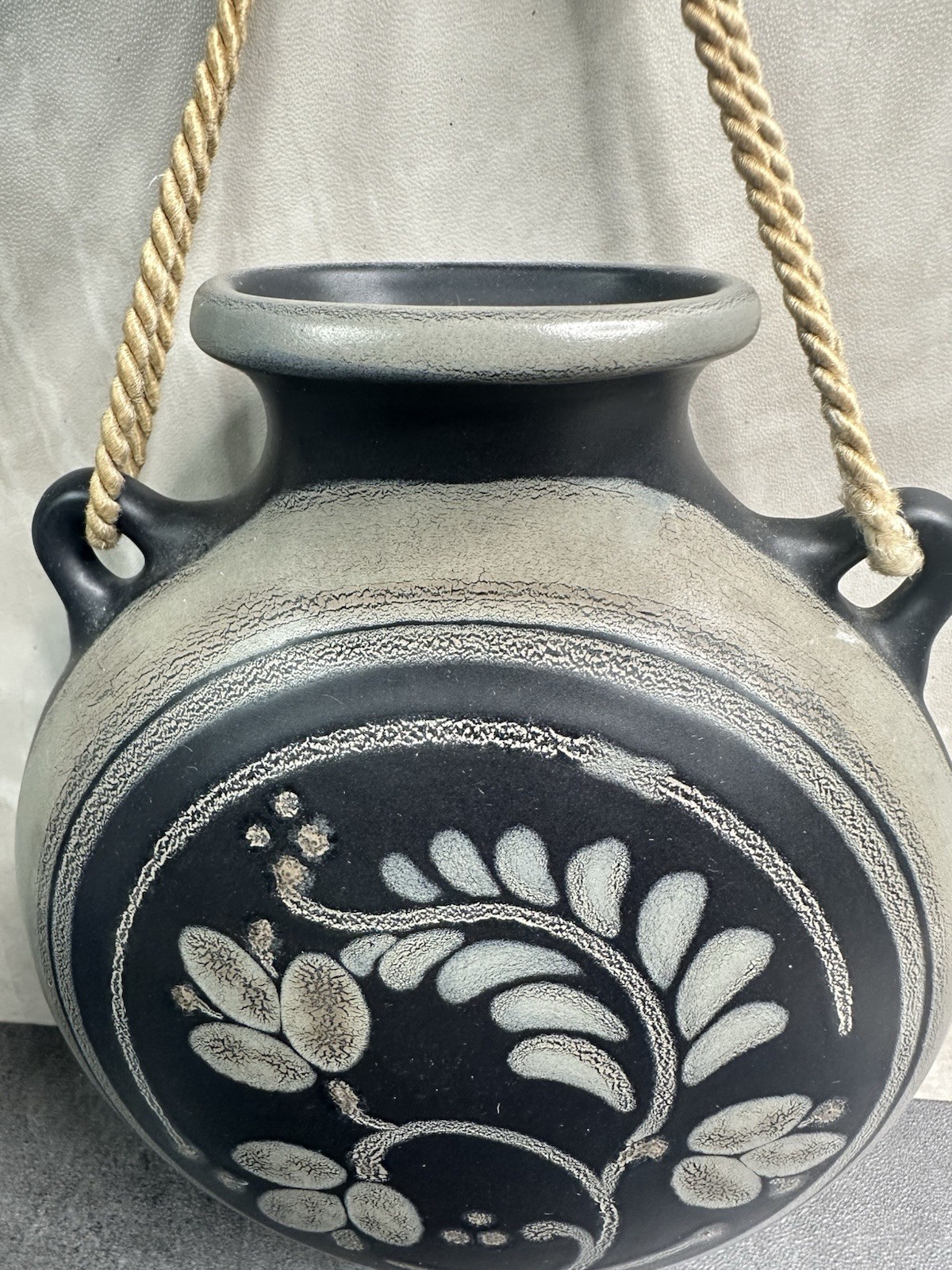 Porta Celi Signed Ceramic Vase Matte Black Floral Hand Painted wall Art Spain