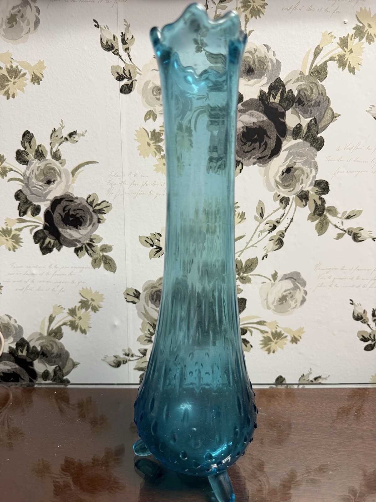 Vintage MCM L.E. Smith Aqua Blue Three Toe Hobnail Swung Glass Vase 12″