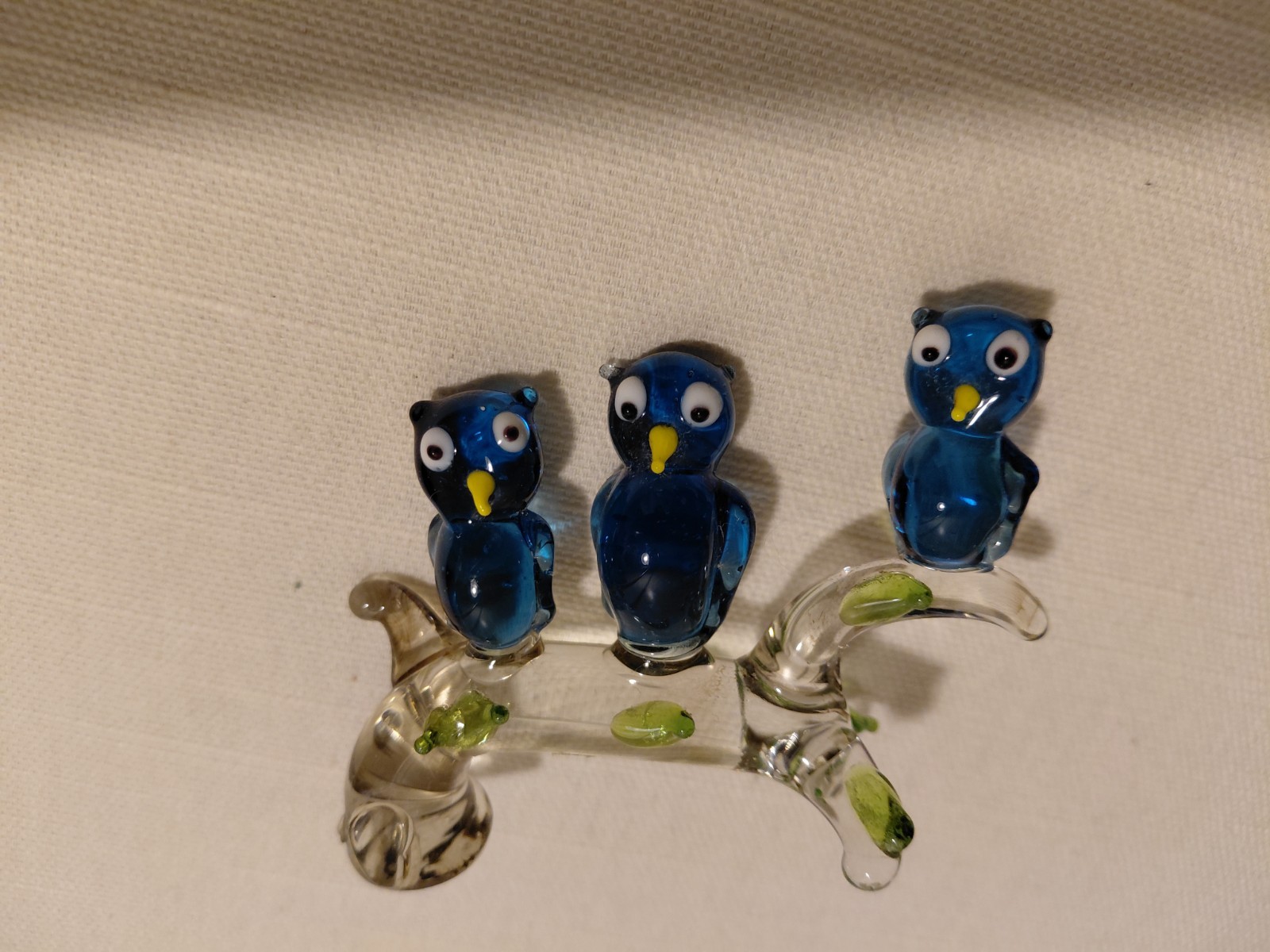 Vtg Hand Blown Art Glass Owls Perched On A Branch Blue Flamework