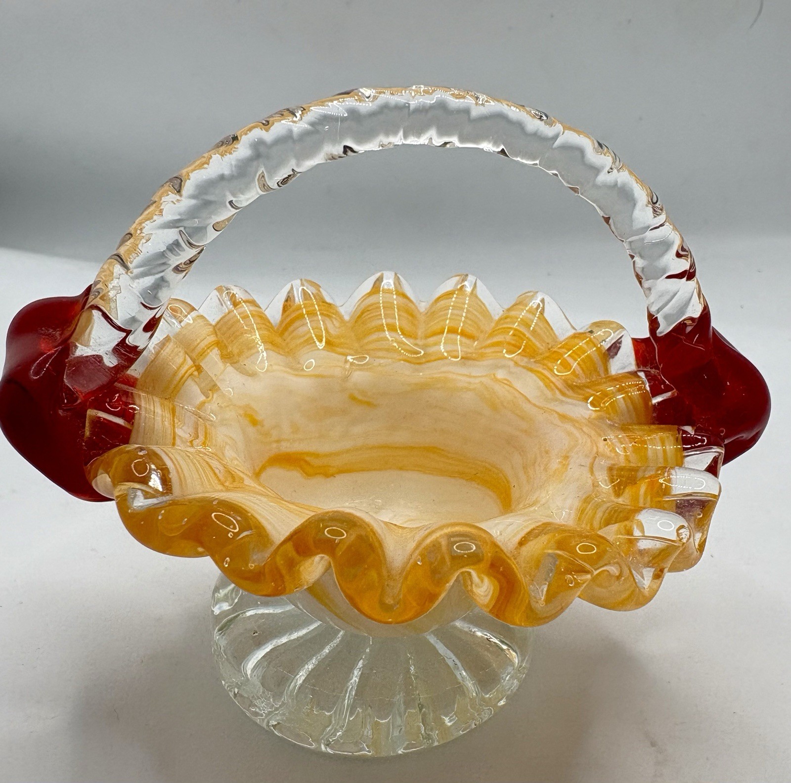 Miniature Glass Basket Orange And Yellow Marbled Art Glass With Ruffled Rim VTG