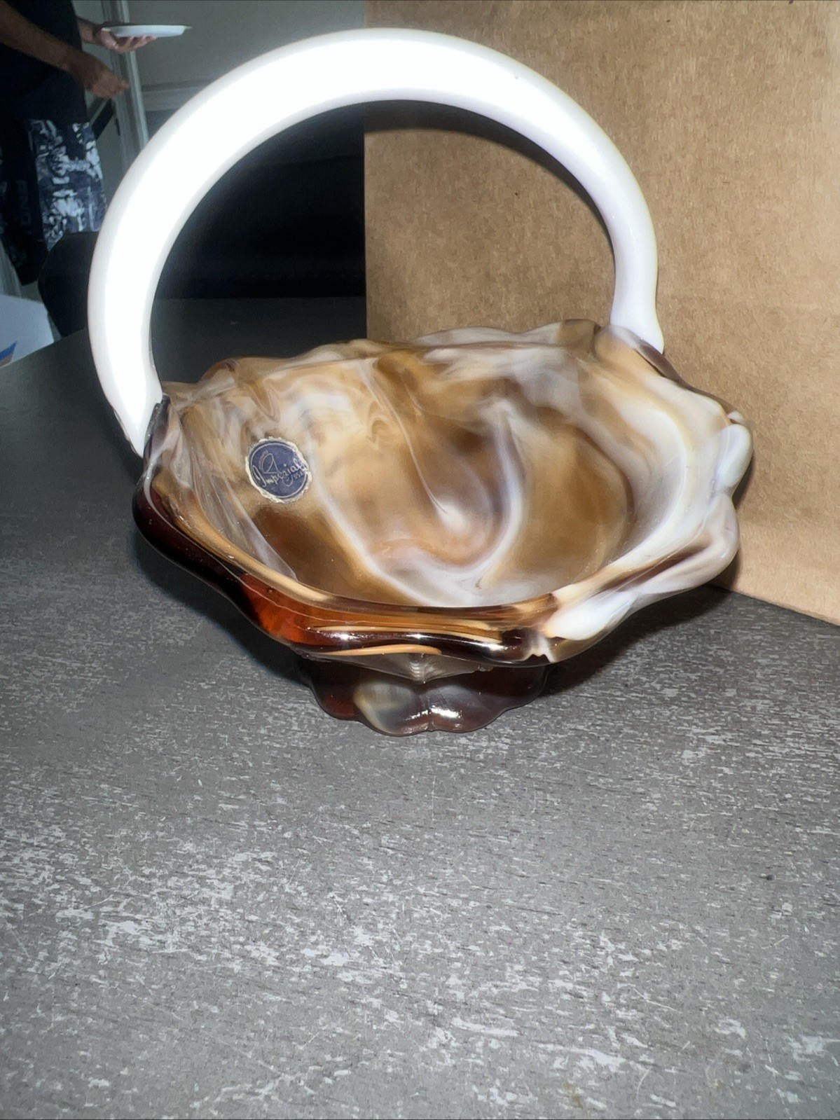 Imperial Caramel Slag “End Of Day” #156 4 1/2″ Basket With Original Tag Carmel