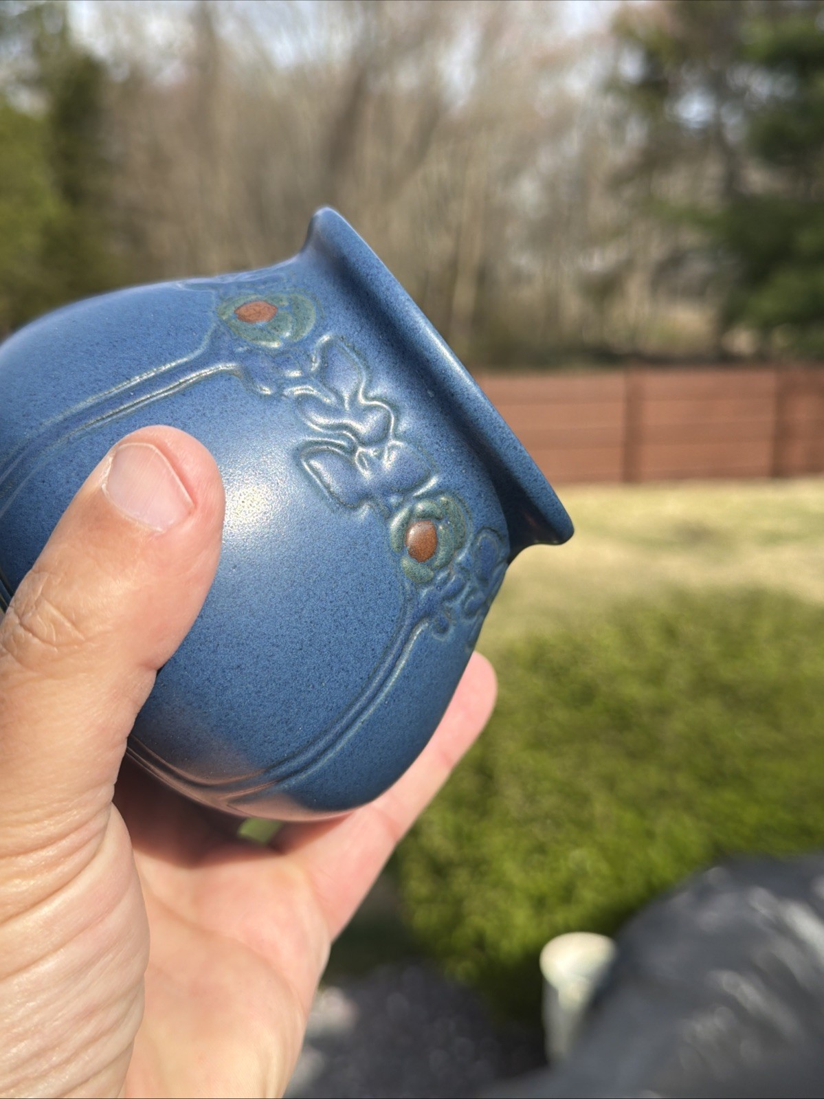 MARBLEHEAD POTTERY ARTS & CRAFTS BLUE VASE WITH BERRIES & FRUITING TREES