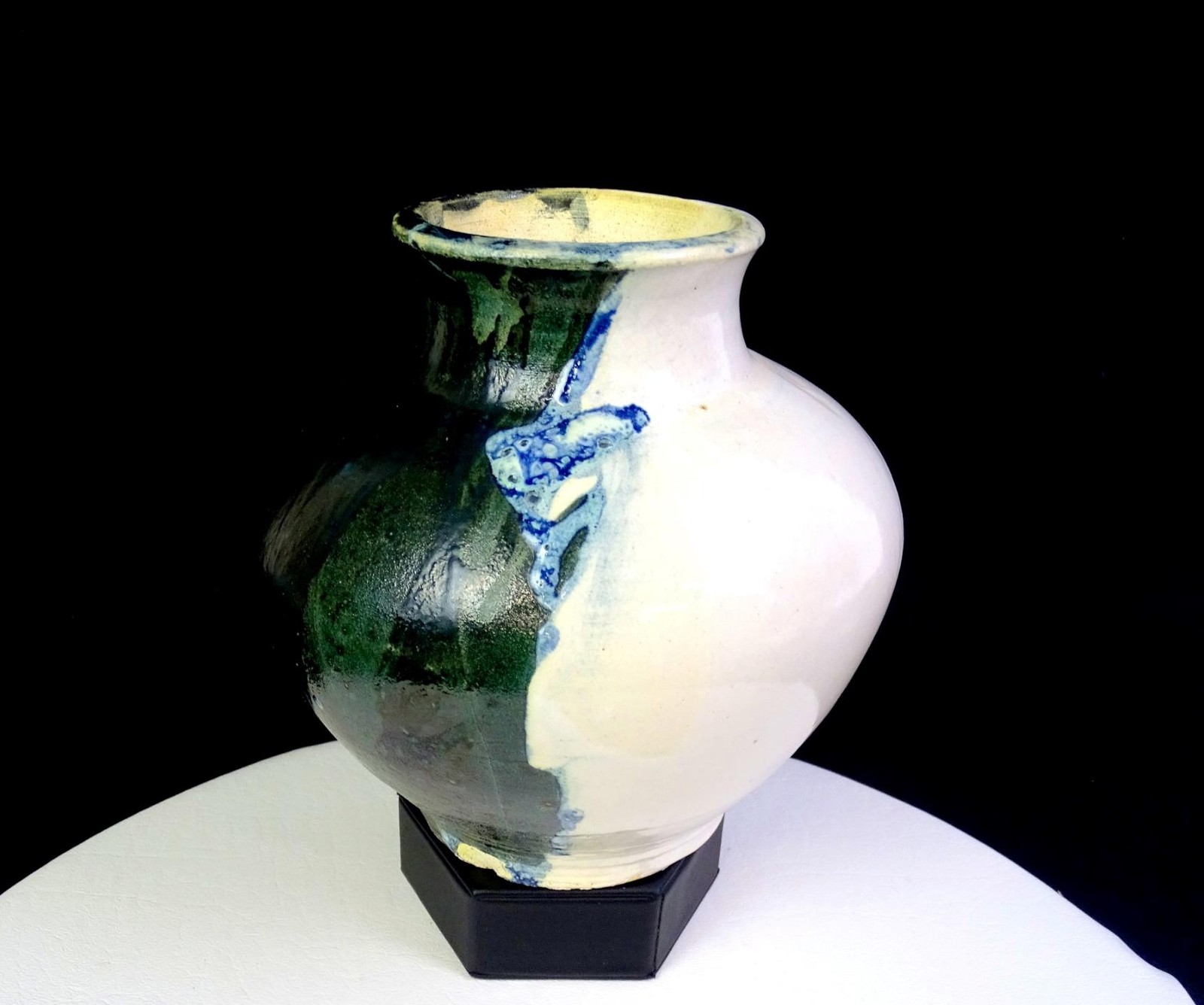 Studio Art Pottery Black & White Lava Glaze 6 5/8″ Bulbous Vase