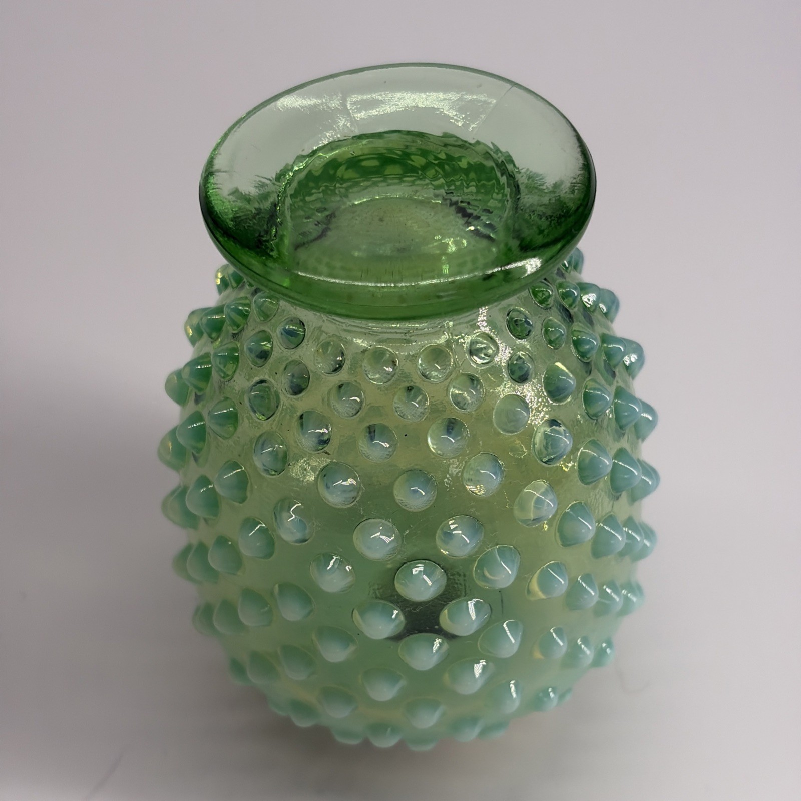 Fenton DeVilbiss Hobnail Perfume Bottle 3.5″ Green Opalescent Uranium Glass Glow
