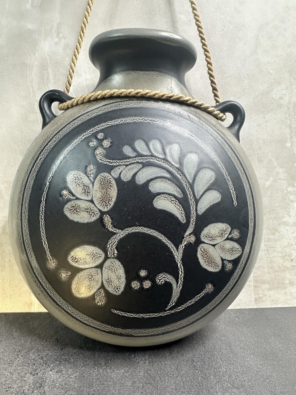 Porta Celi Signed Ceramic Vase Matte Black Floral Hand Painted wall Art Spain