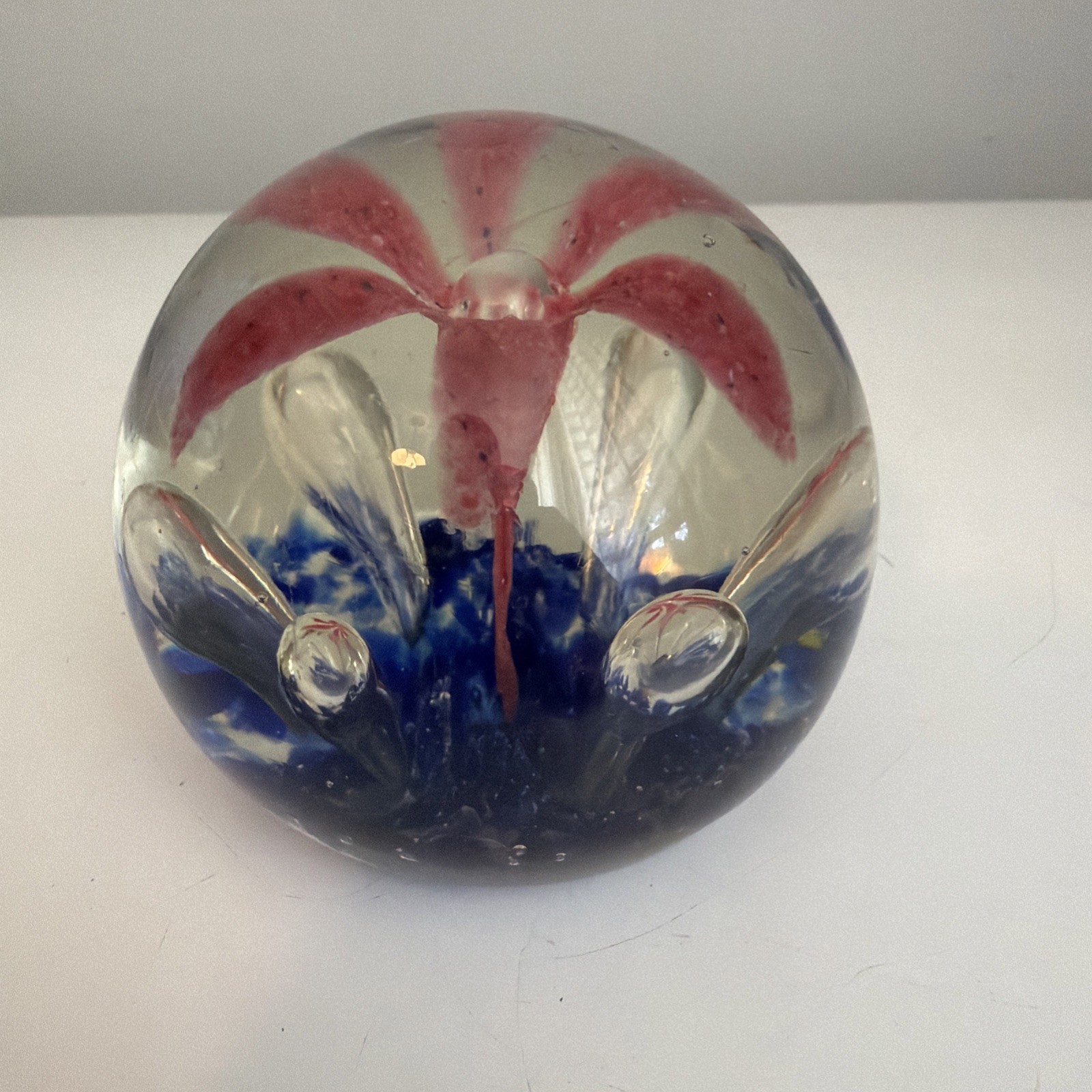 90’s Bart Zimmerman Round Art Glass Green/Blue Flower Controlled Bubbles PW