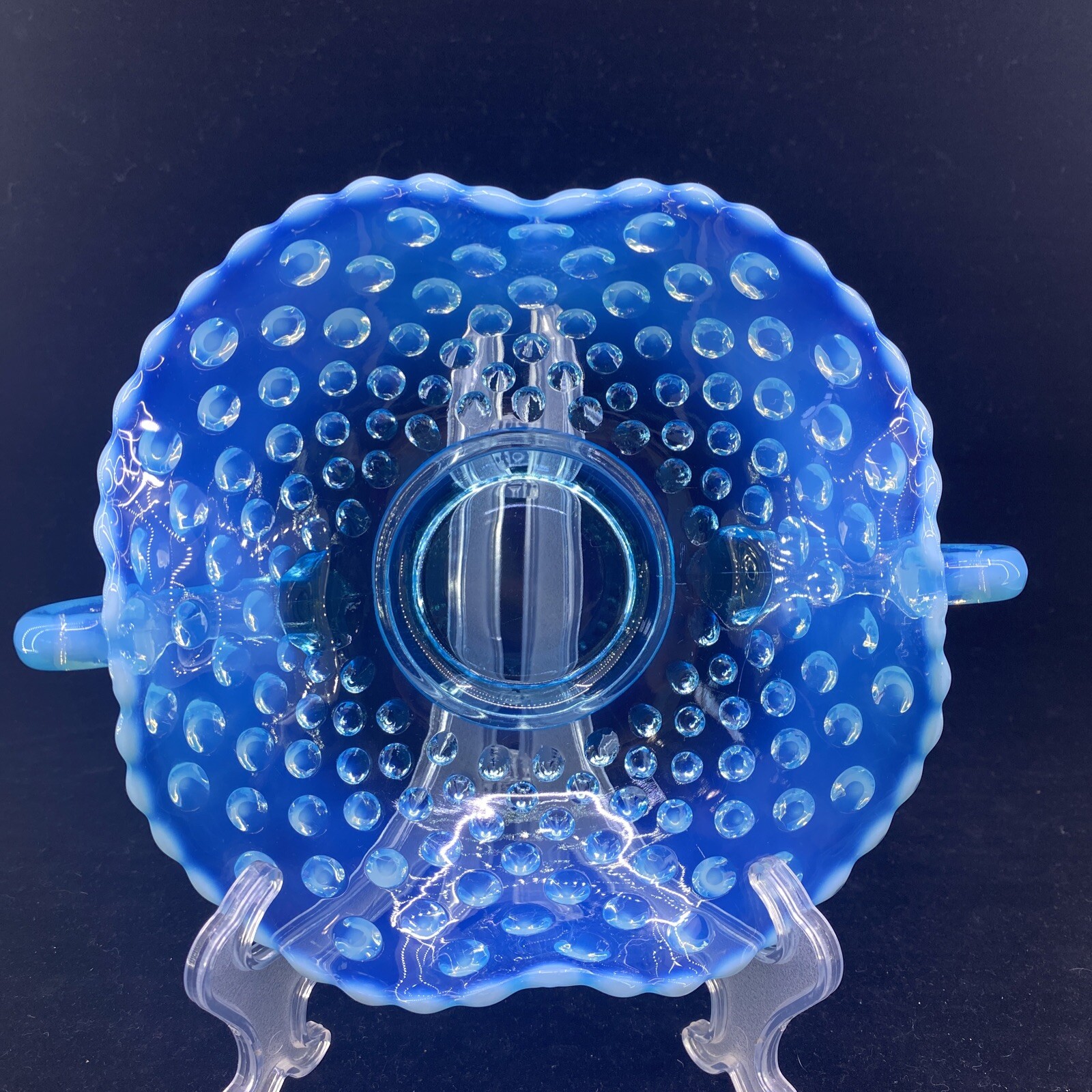 Vintage Fenton Aqua Blue Opalescent Hobnail Handled Bon Bon Dish