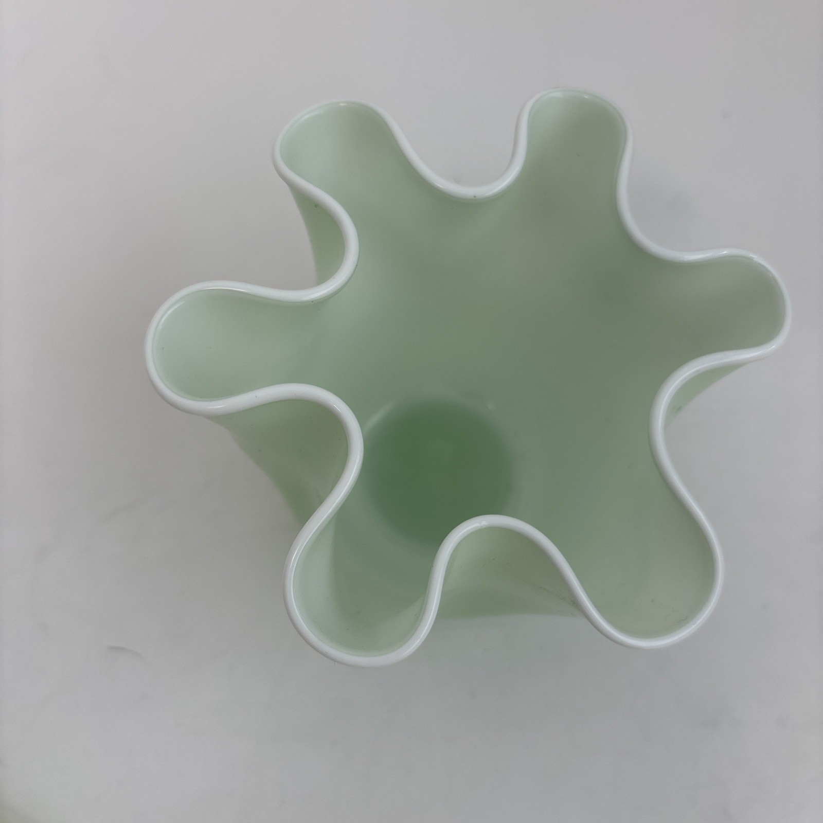 Art Glass Hand Blown Mint Green And White Handkerchief Vase Vtg Czech Style