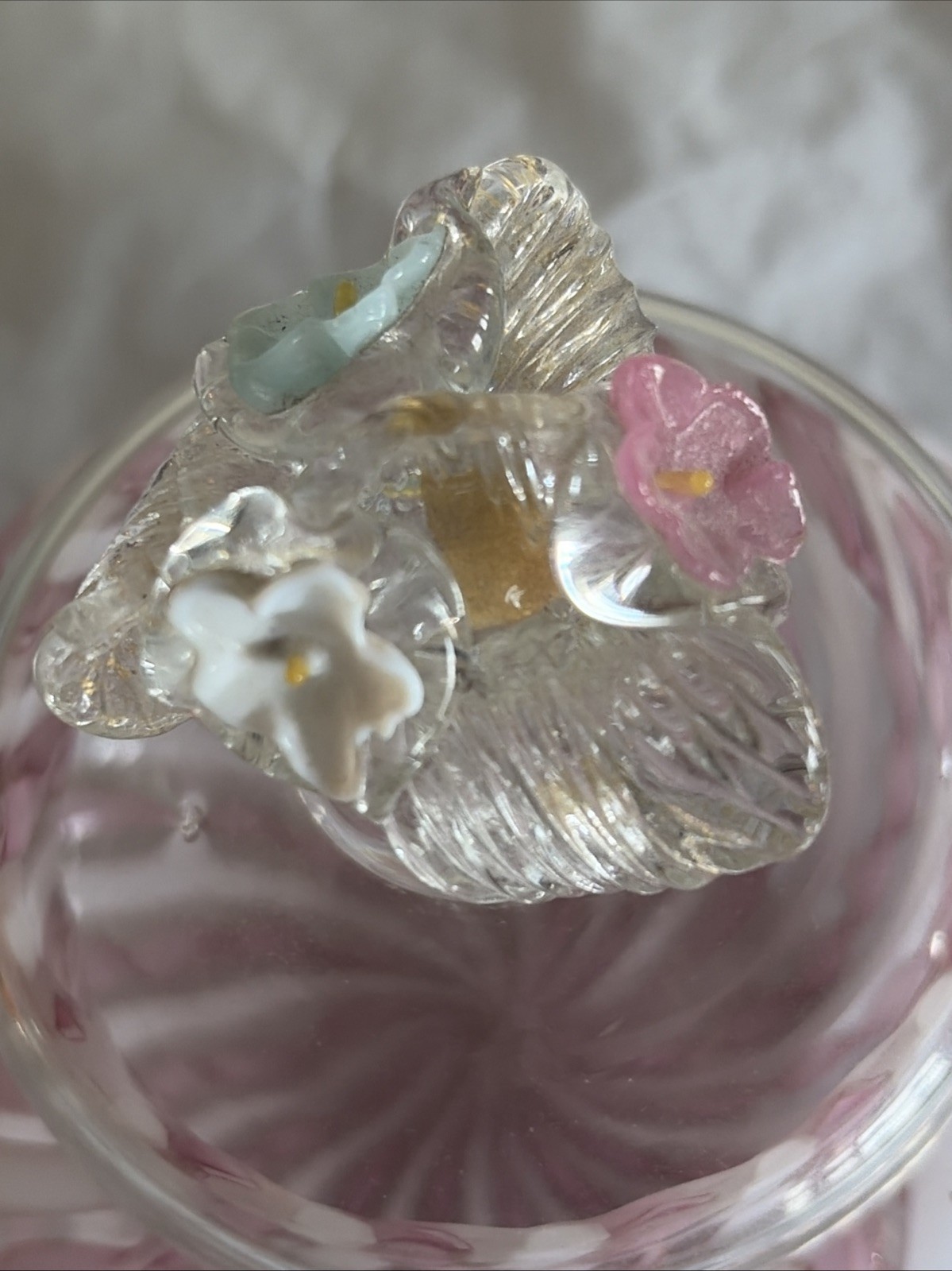 VENETIAN MURANO LATTICINO POT & COVER FINIAL FORMED AS PINK FLOWERS & GOLD