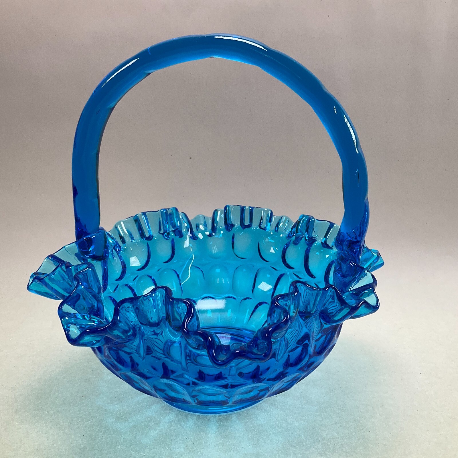 Fenton Colonial Blue Thumbprint Basket Ruffled Rim 8 1/2″ Vintage